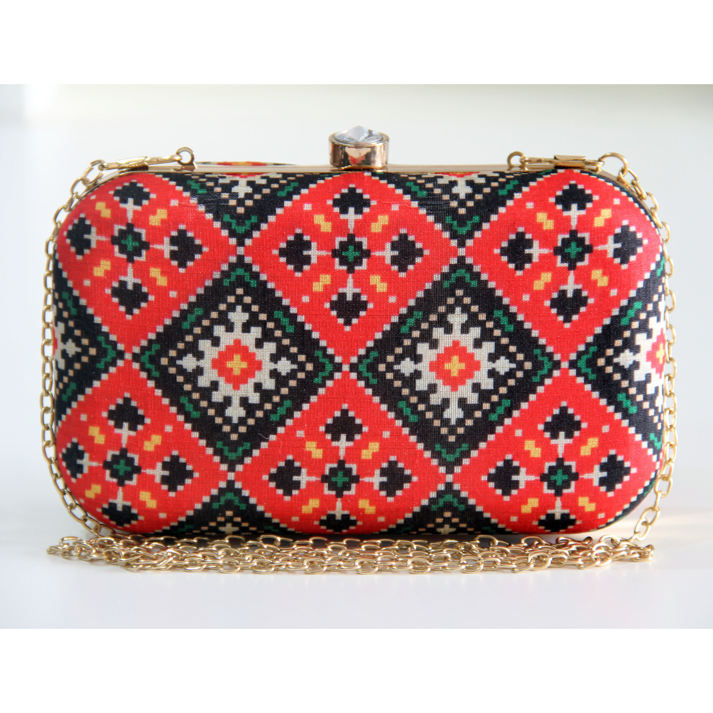 Red and Black Ethnic Geometric Printed Clutch