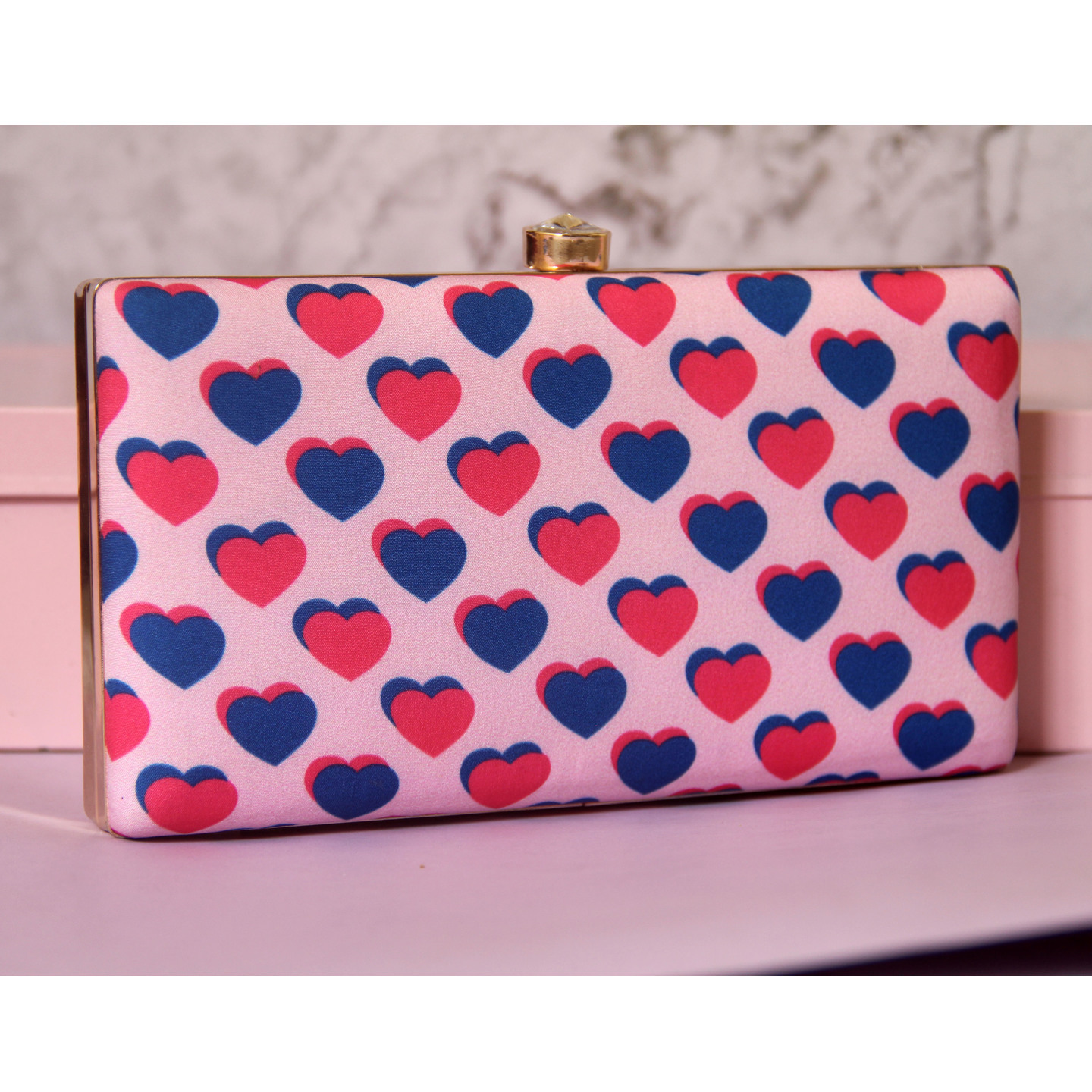 Pink-Blue Hearts Printed CLutch