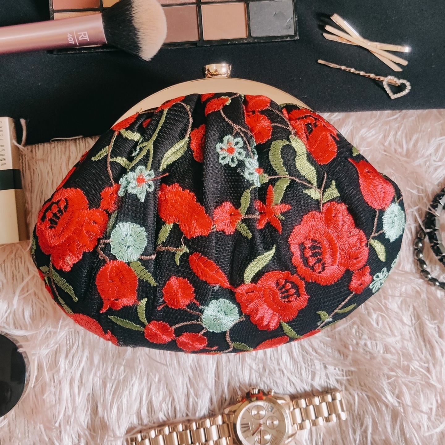 Garden of Roses Embroidered Black Clutch Potli