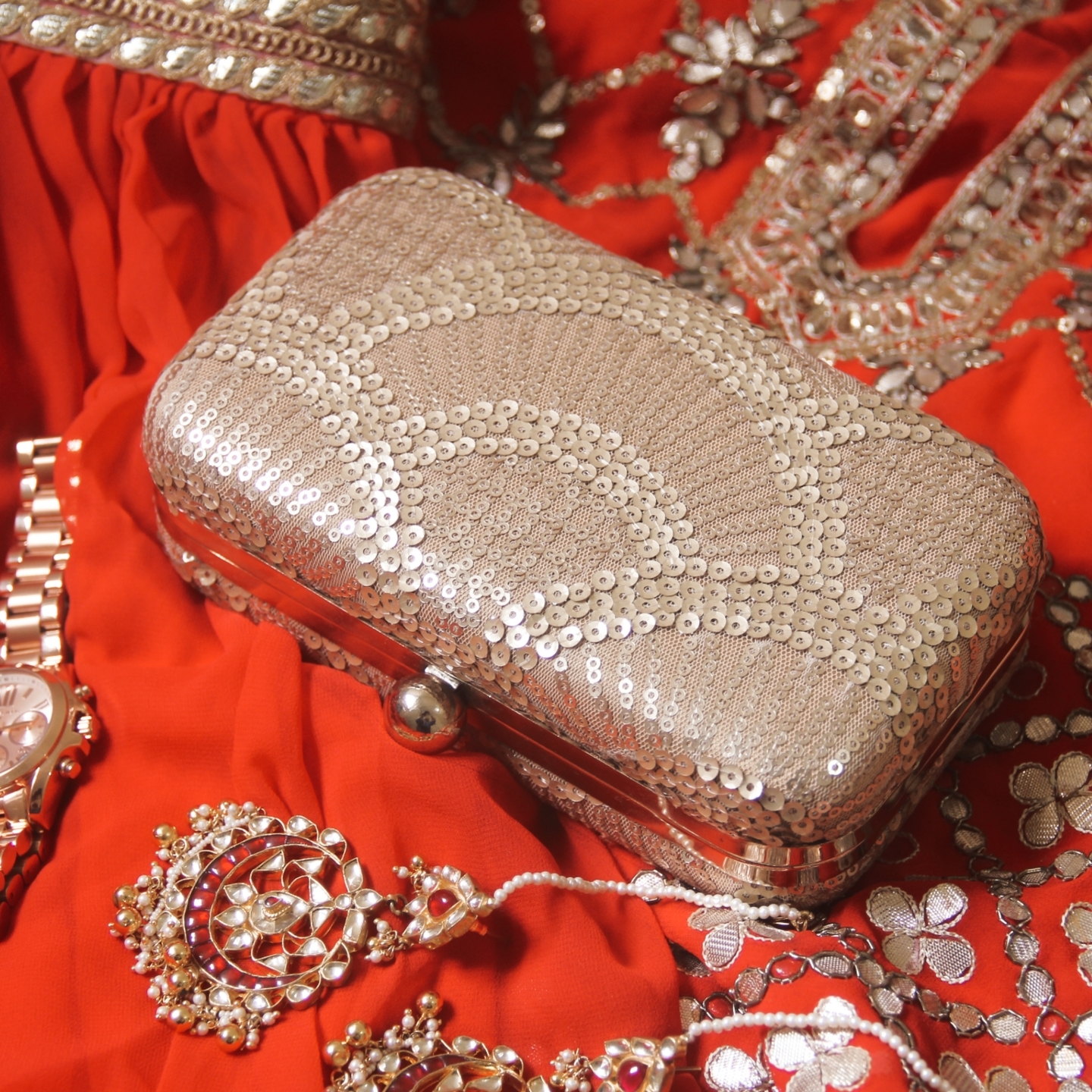 Chandelier Golden Embroidered Sequence Clutch Bag