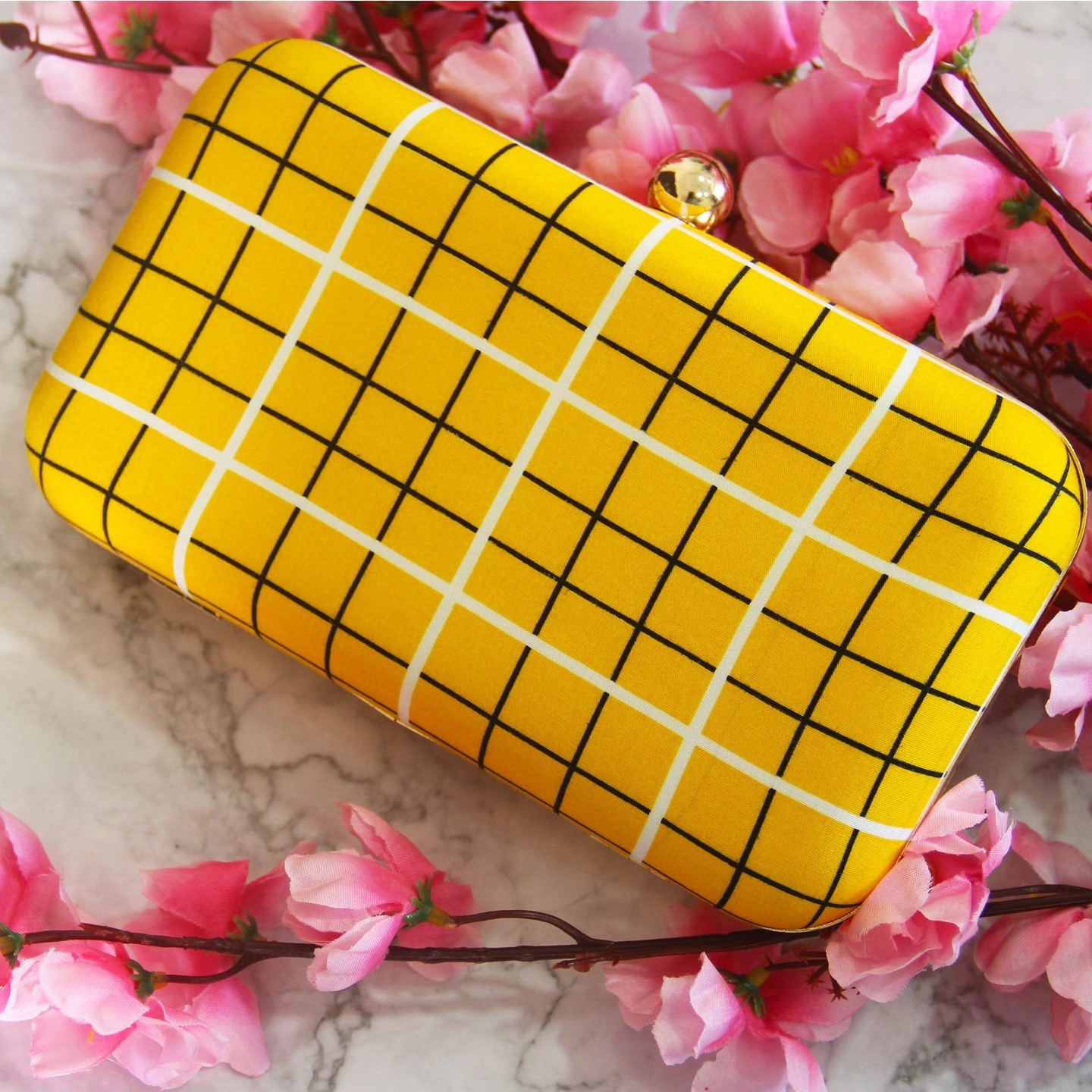 Yellow Checkered Printed Clutch
