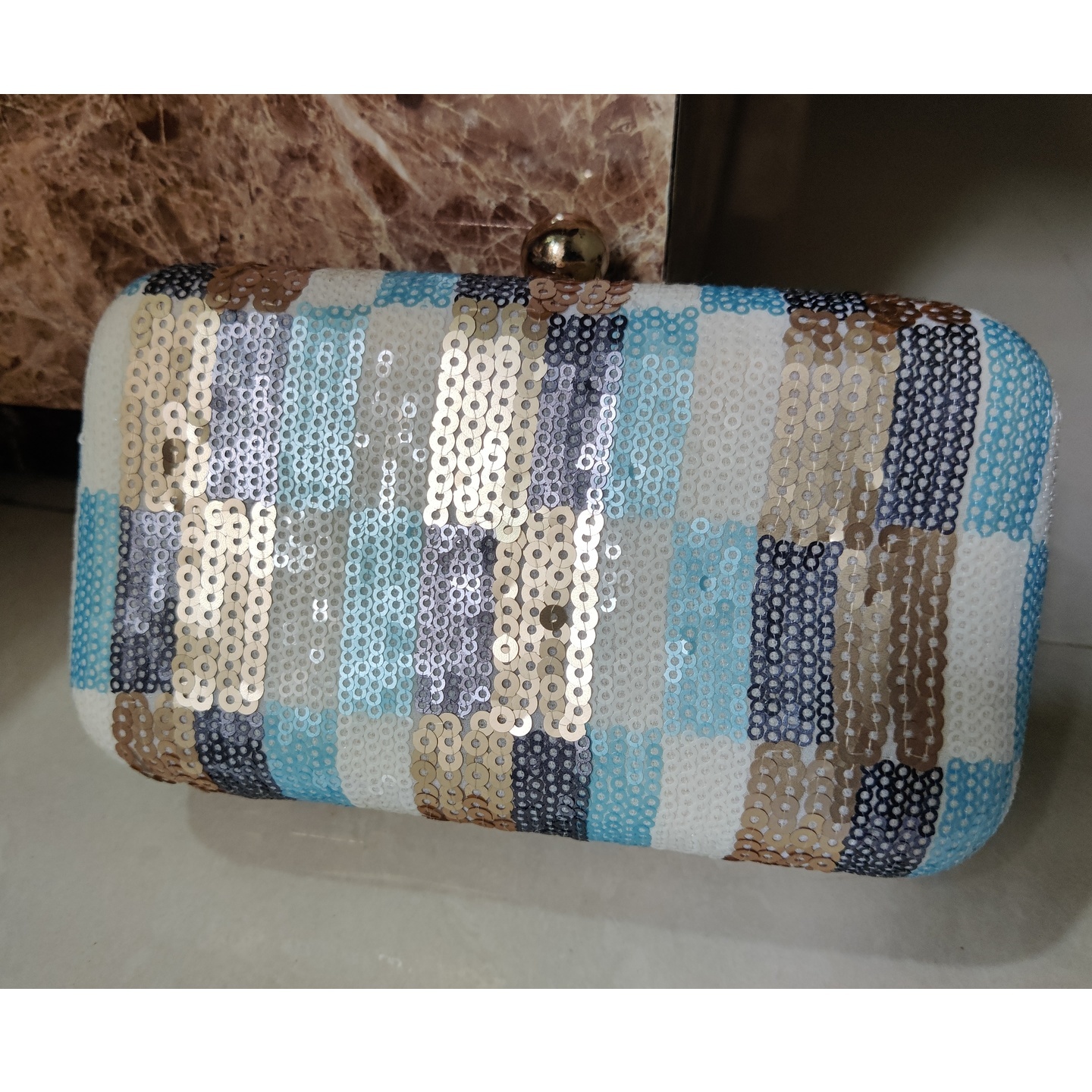 Blue White Gold Checkered Sequined Clutch