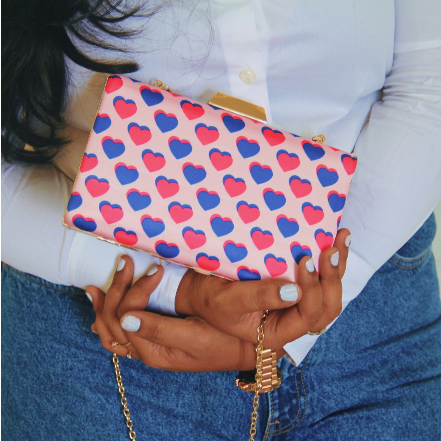 Pink-Blue Hearts Printed Clutch Bag