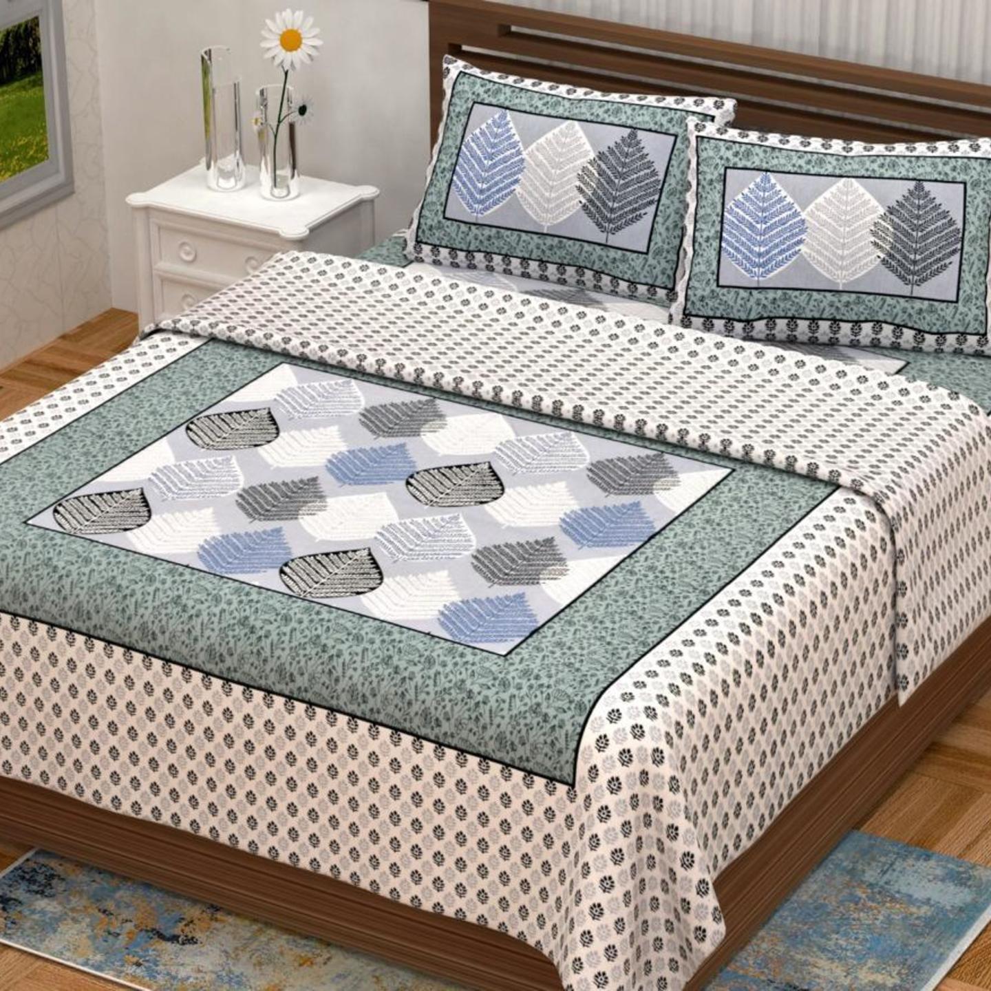 Pastel Green Cotton Block Print Double Bed sheet With 2 Pillow Cover