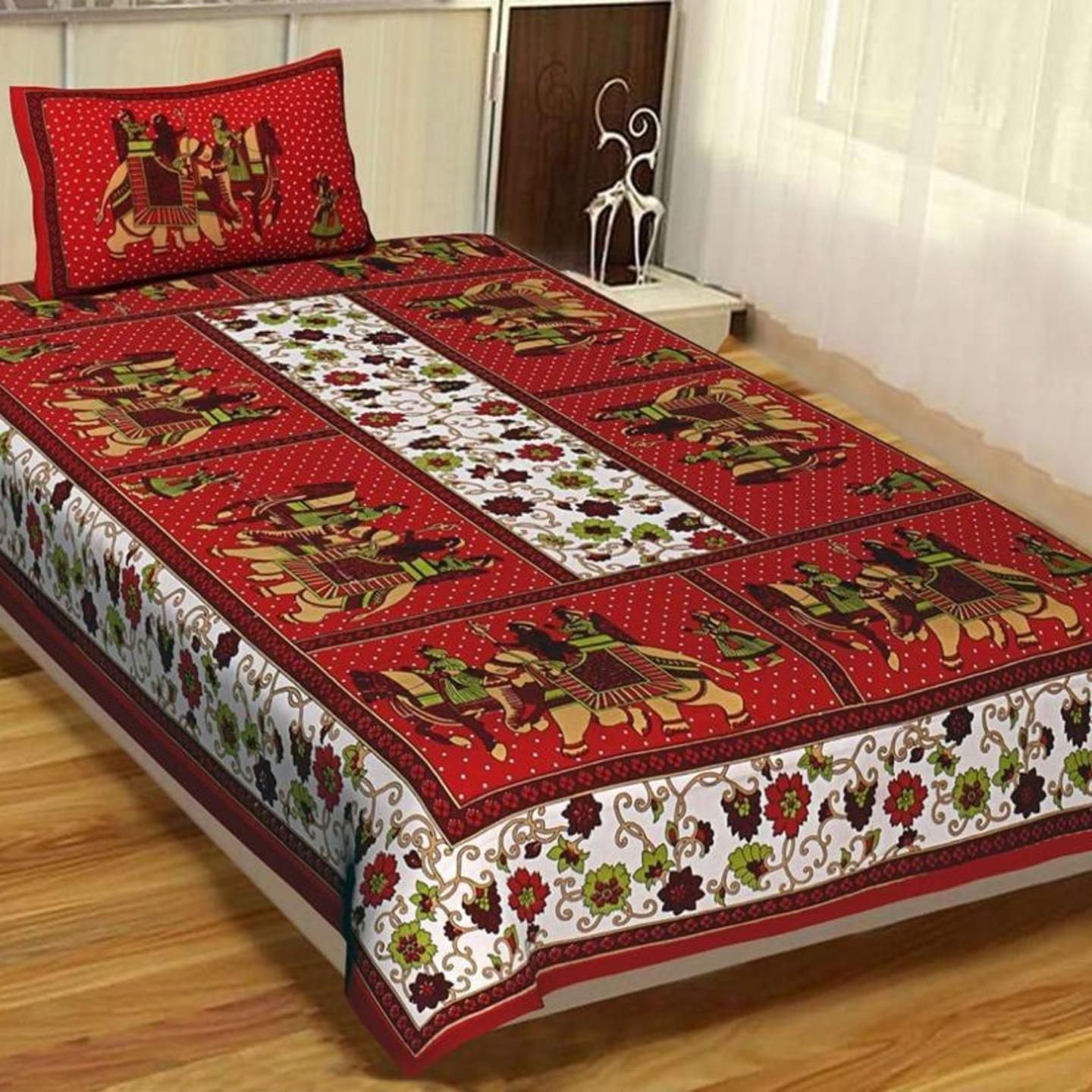 Multicolour Jaipuri Screen Block Print Single Bed Sheet With Pillow Cover