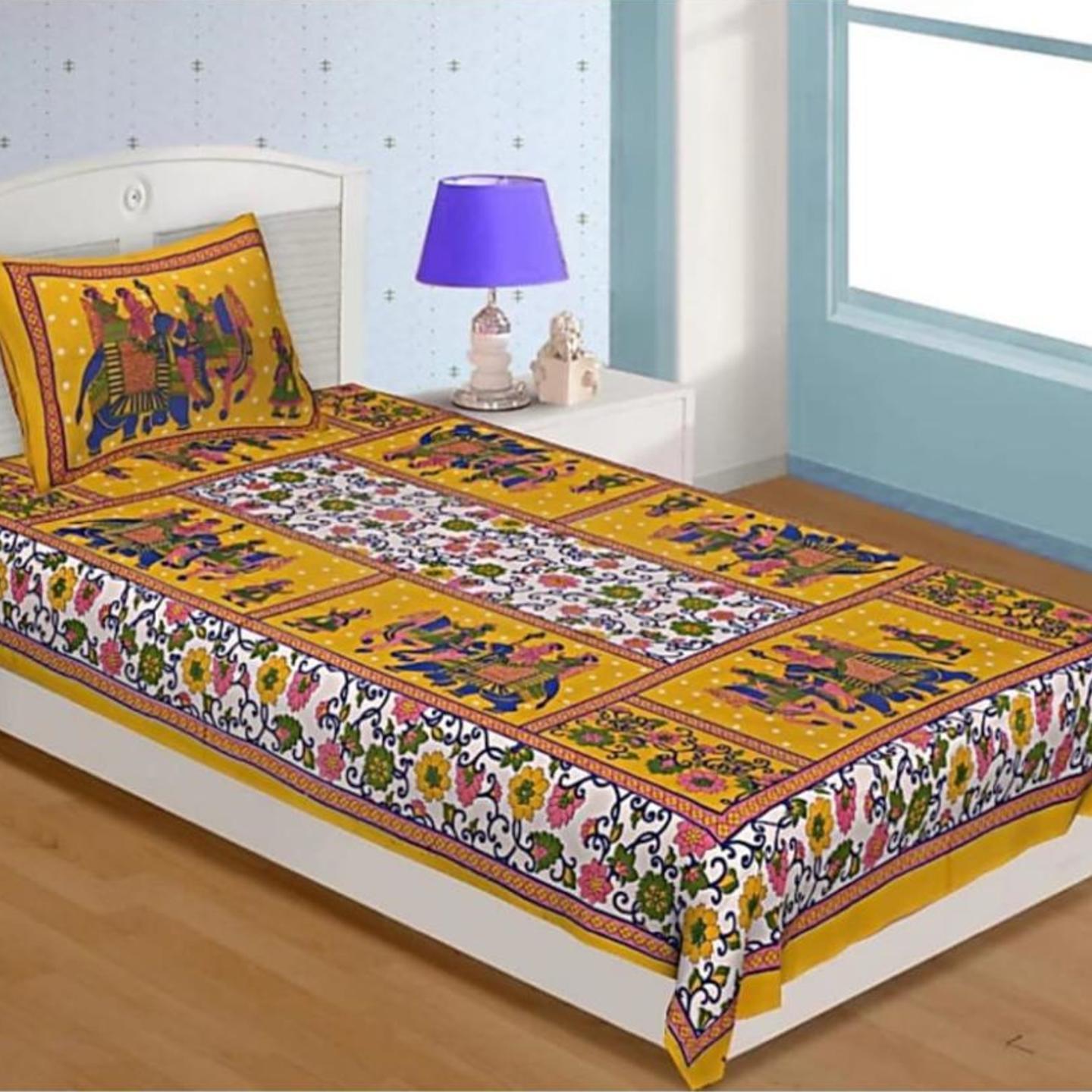Multicolour Jaipuri Screen Block Print Single Bed Sheet With Pillow Cover
