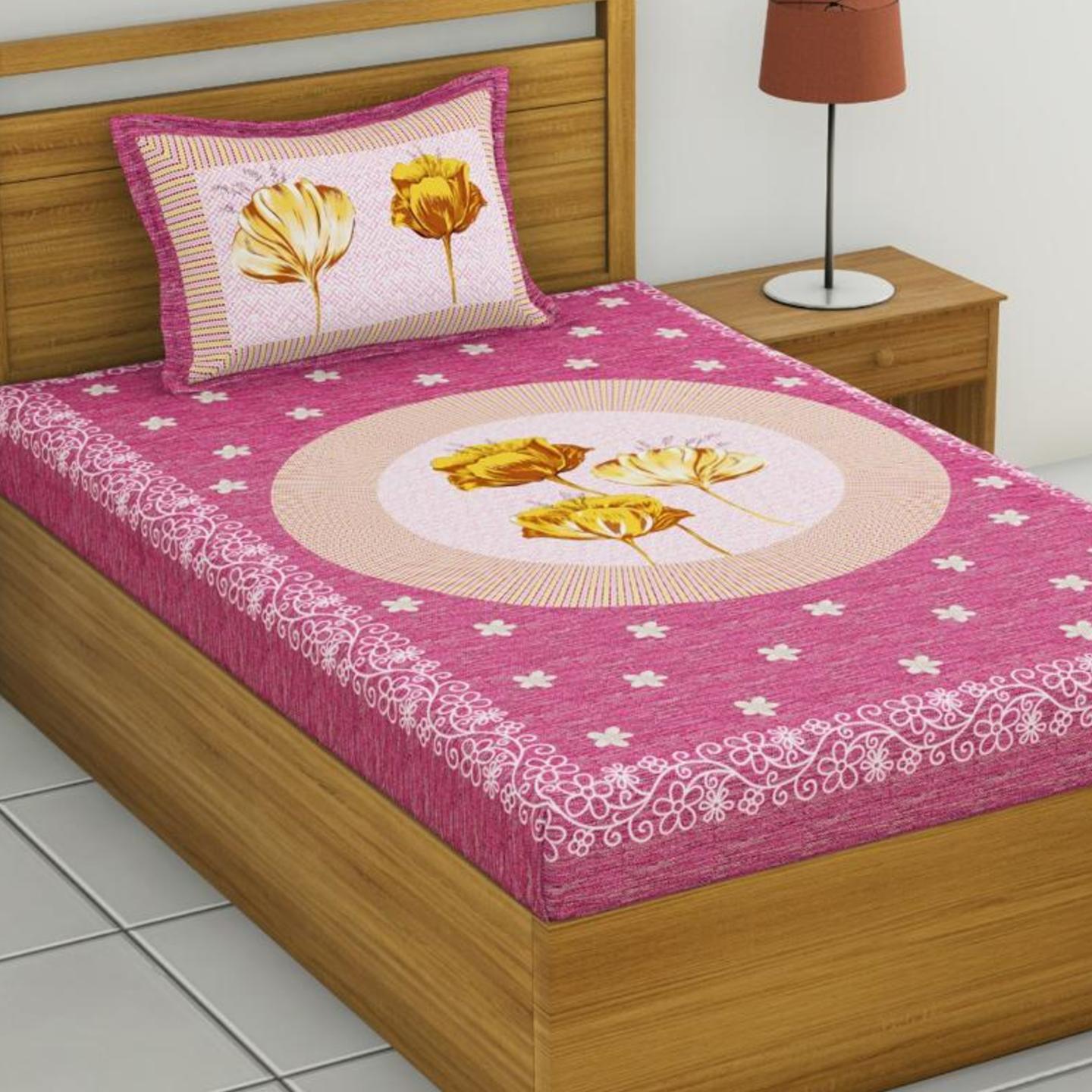 Pink Jaipur Sanganeri Prints Cotton Bedsheet For Single bed
