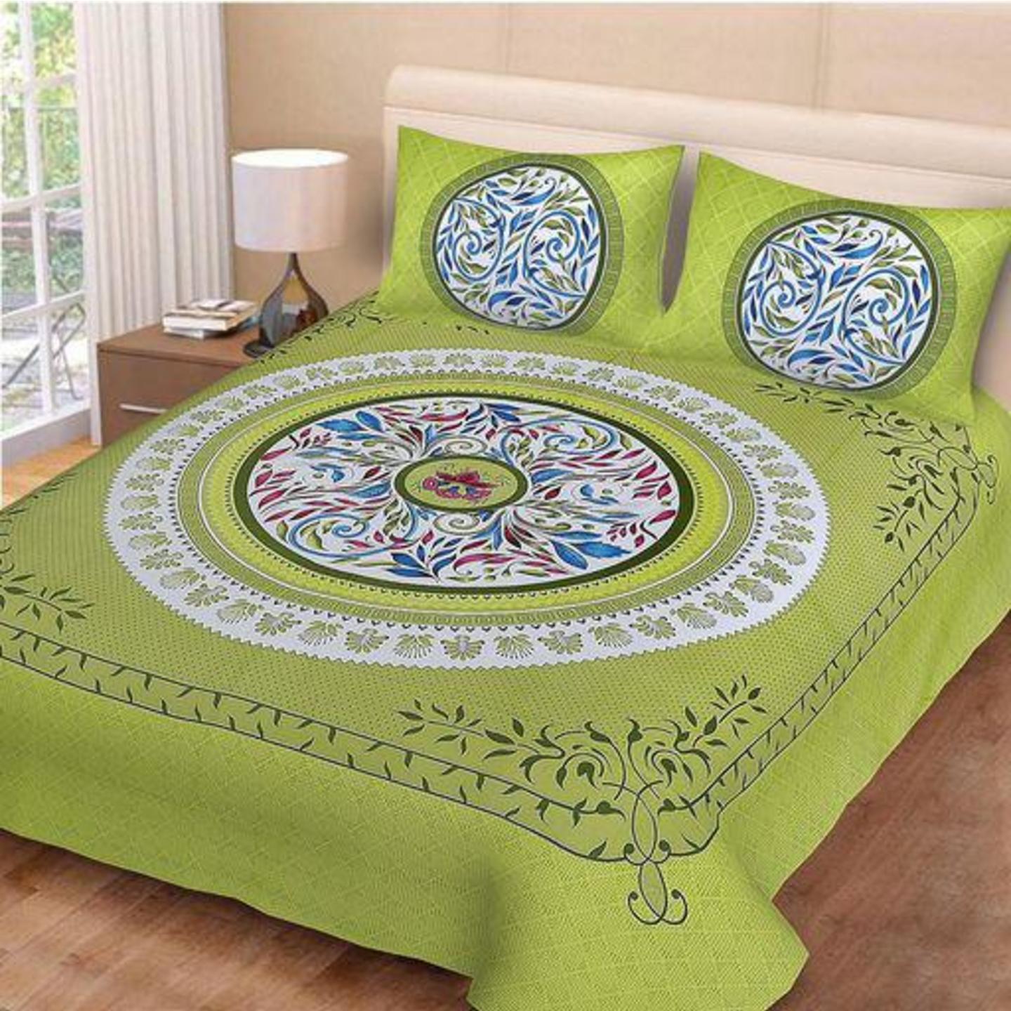 Green Mandala Sanganer Print Double Bed sheet With 2 Pillow Cover