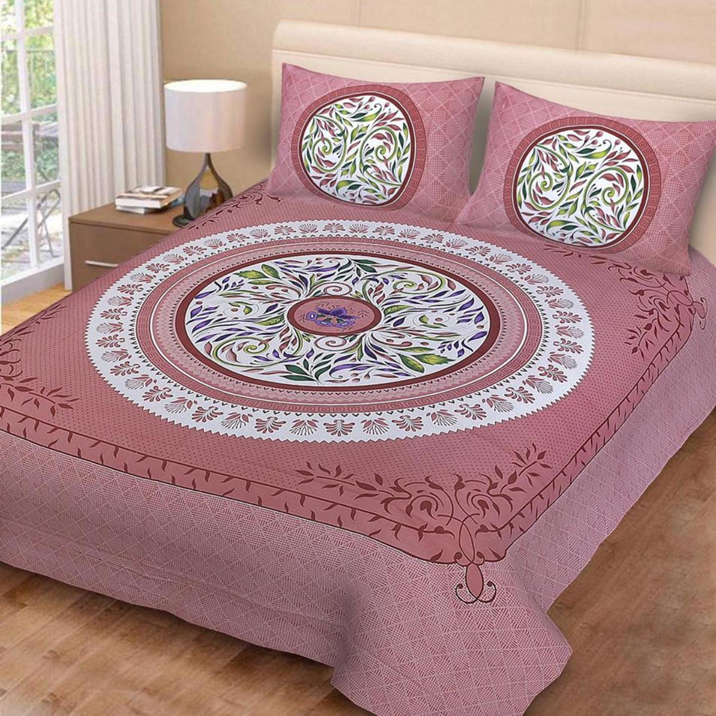 Pink Mandala Sanganer Print Double Bed sheet With 2 Pillow Cover