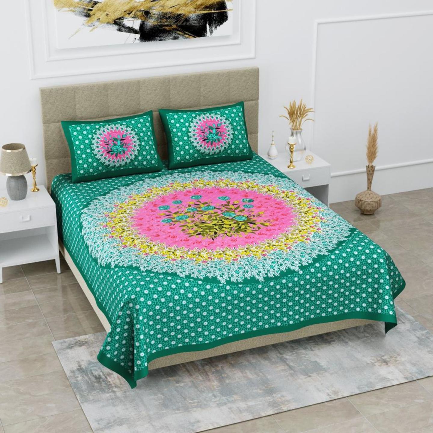 Green  Sanganeri Prints Pure Cotton Bedsheet