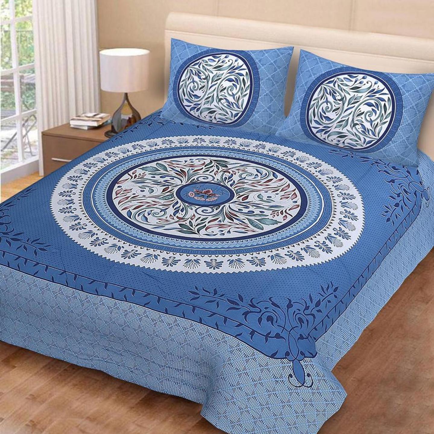 Blue Mandala Sanganer Print Double Bed sheet With 2 Pillow Cover