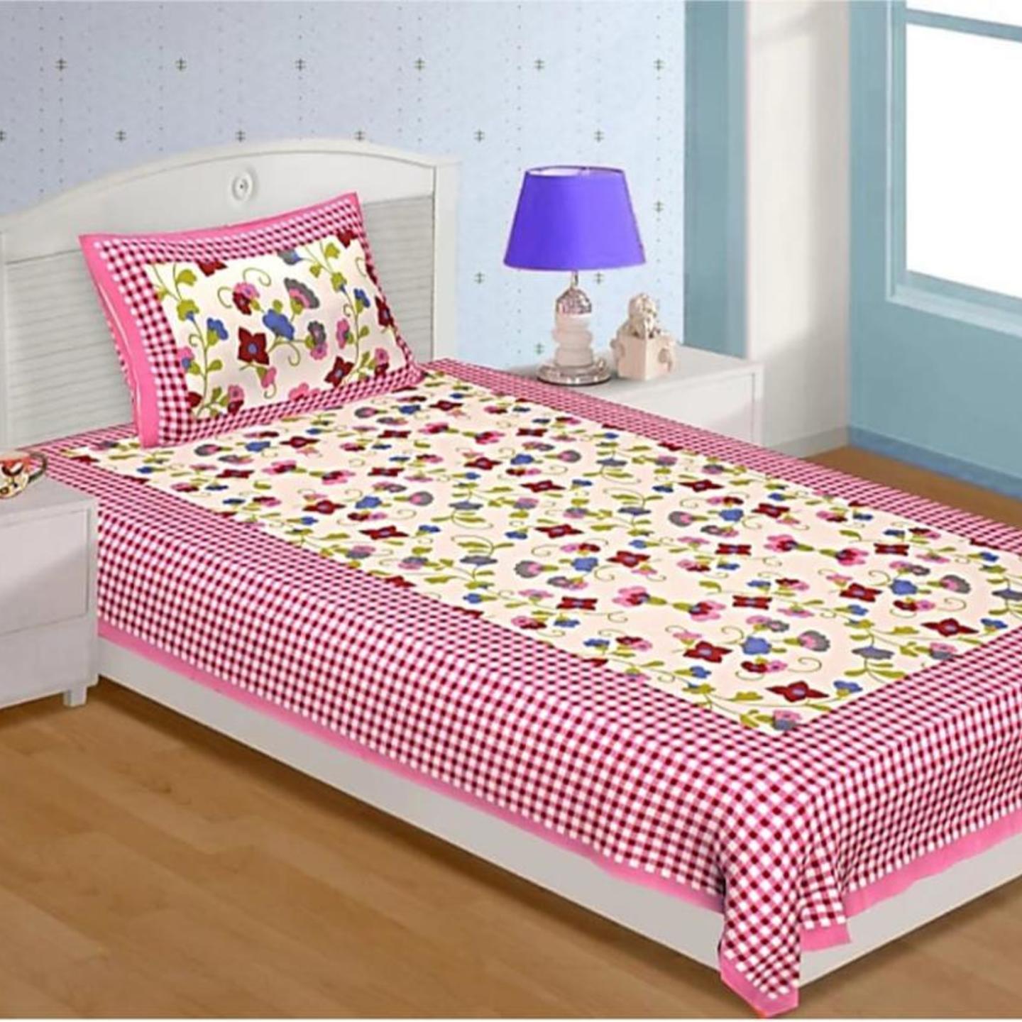 Pink and White Sanganeri Block Print Double Bed Sheet