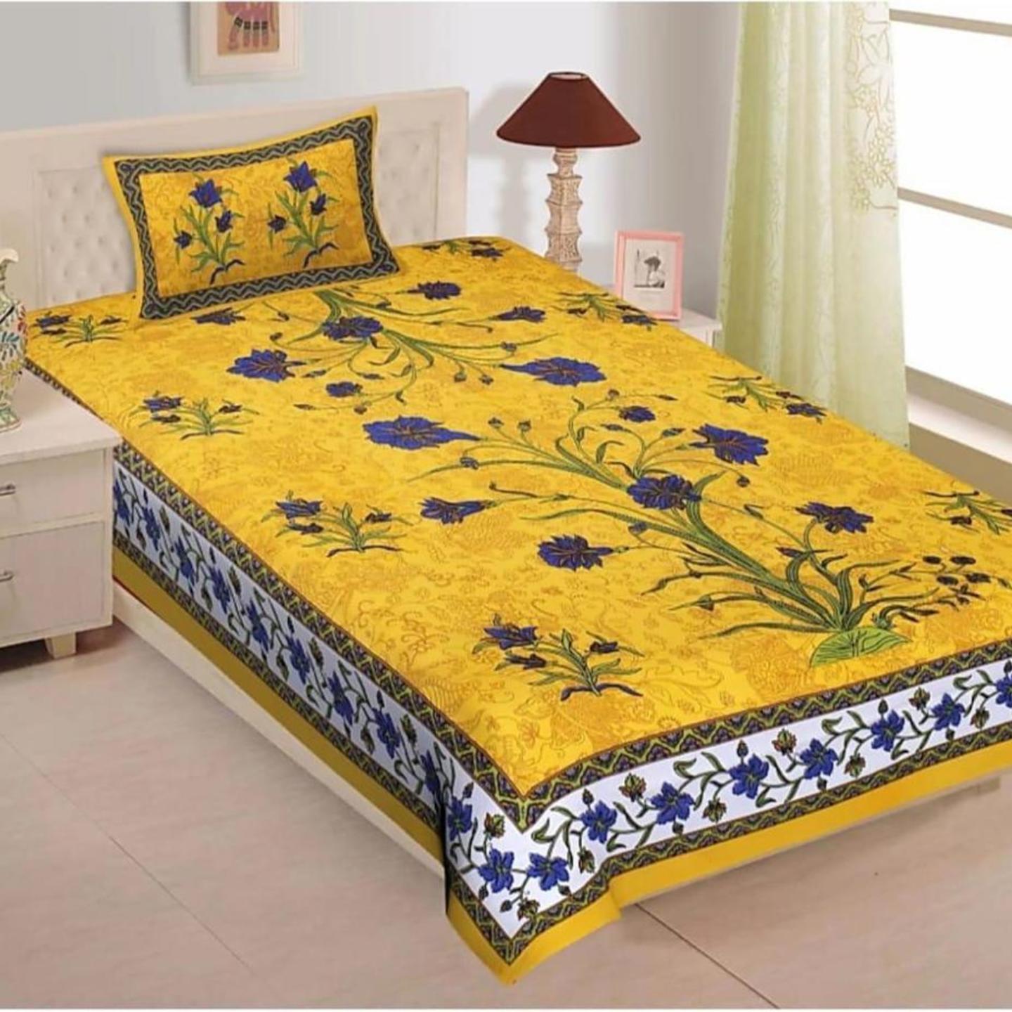 Yellow Floral Cotton 1 Single Bedsheet with 1 Pillow Covers