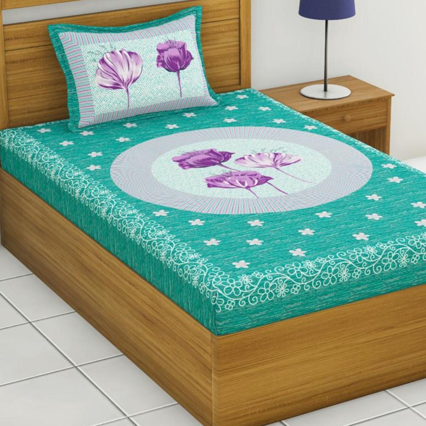 Green Jaipur Sanganeri Prints Cotton Bedsheet For Single bed