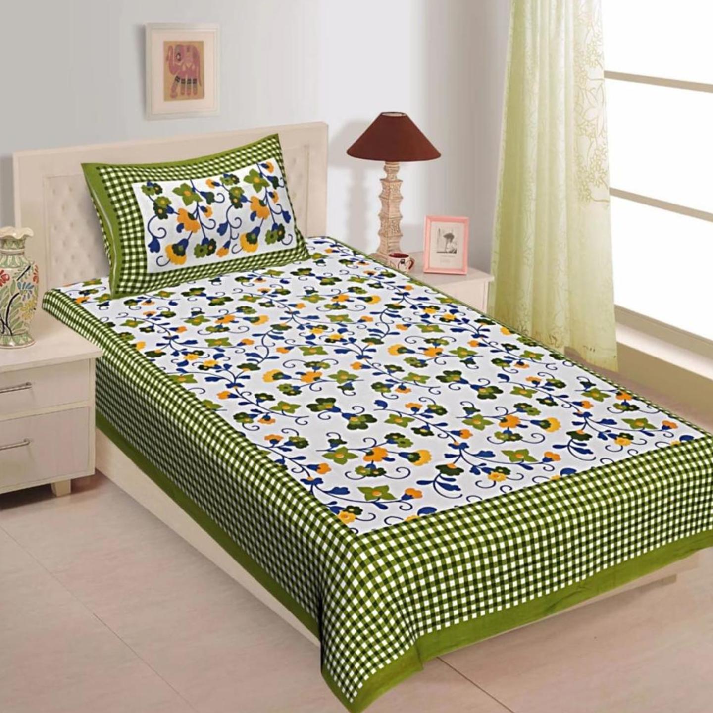 Green and White Sanganeri Block Print Double Bed Sheet