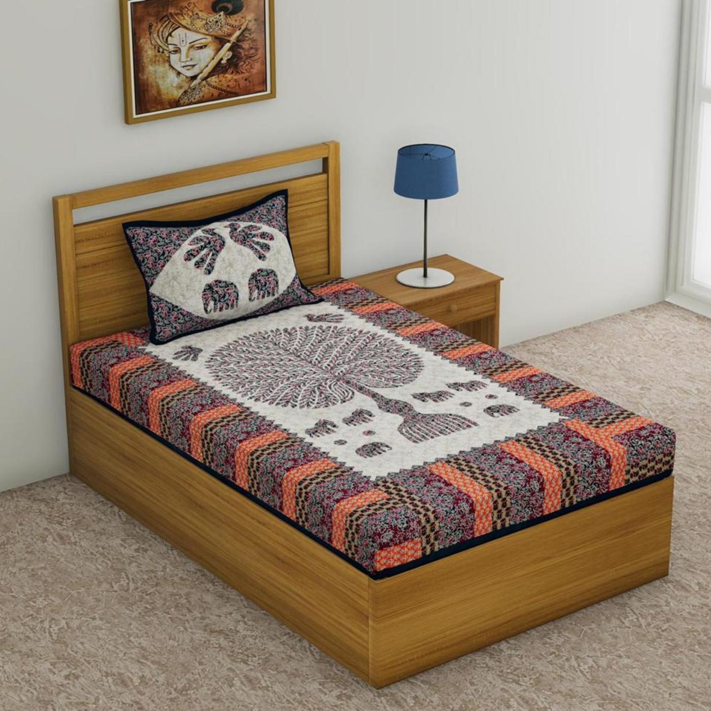 Tree Printed Cotton Jaipur Print Single Bed Sheet With Pillow Cover