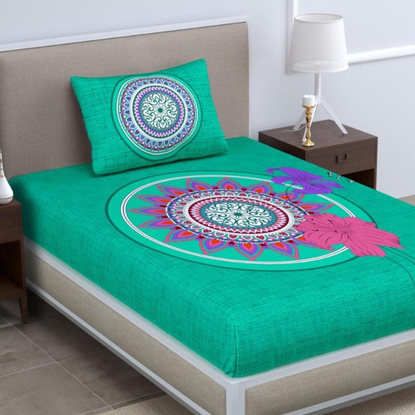 Mandala Green Jaipur Sanganeri Print Cotton Bedsheet For Single bed