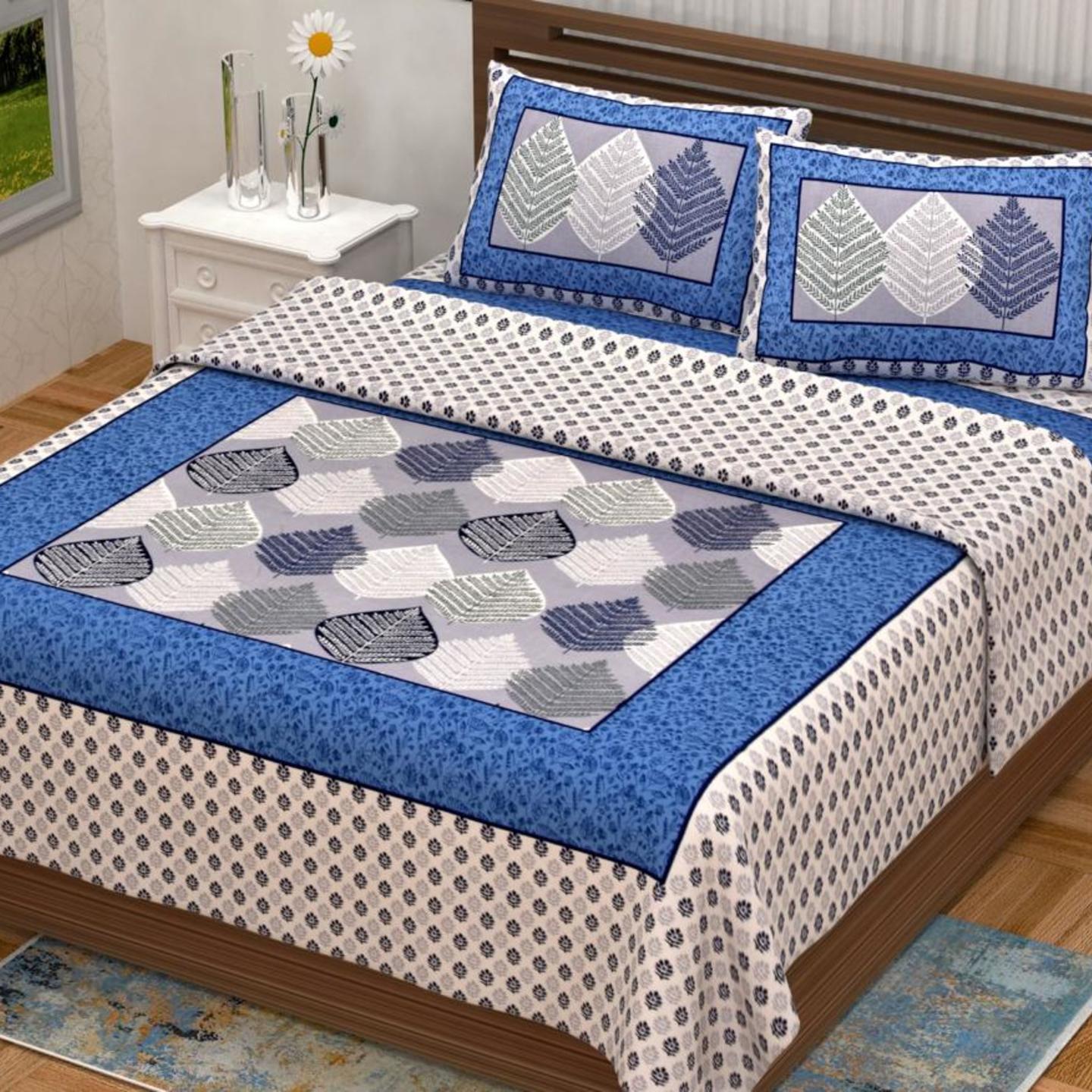 Blue And Grey Cotton Block Print Double Bed sheet With 2 Pillow Cover