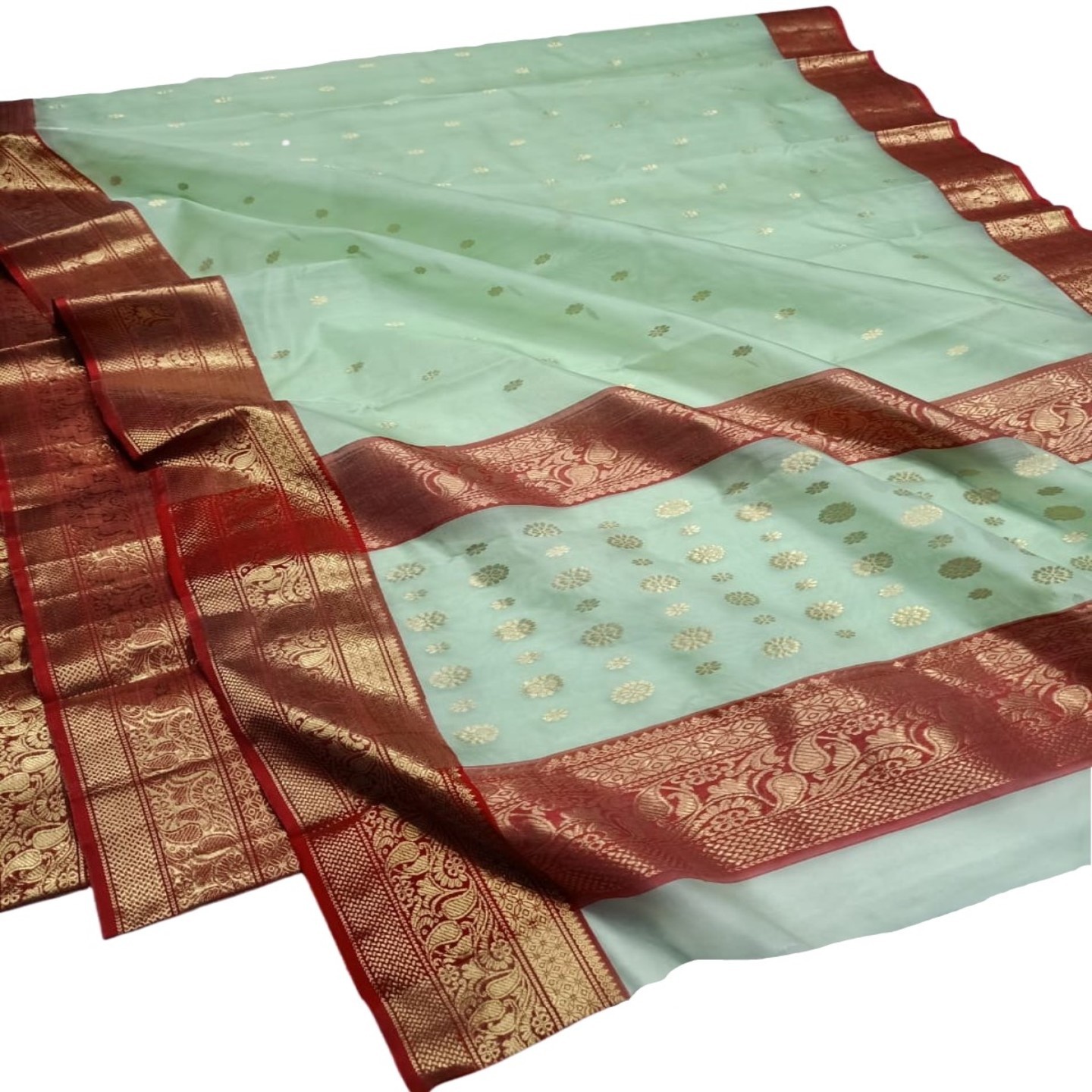 EXPRESSIVE Authentic Premium Chanderi Handwoven Tissue Silk Saree Pista Green