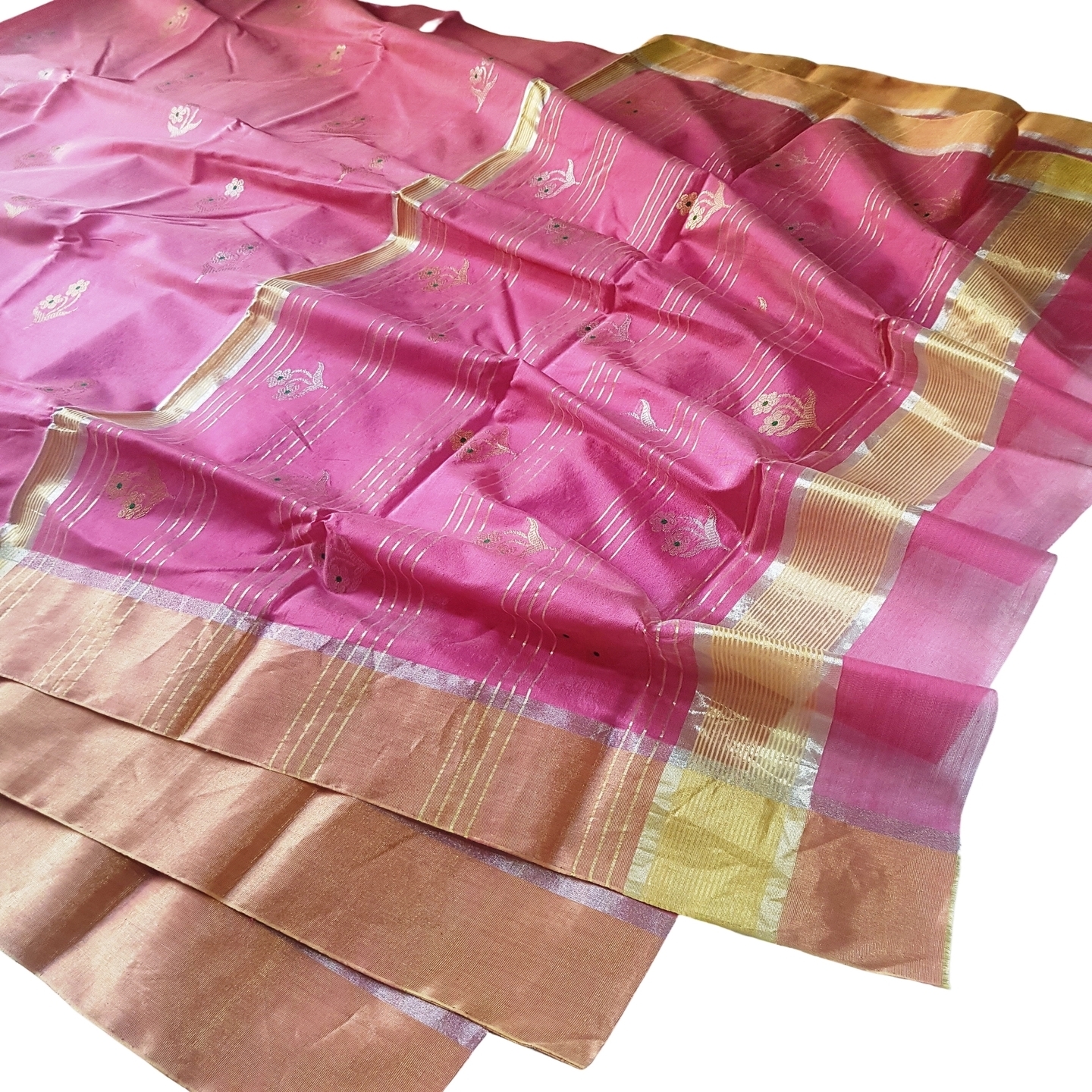 EXPRESSIVE Authentic Premium Chanderi Handwoven Tissue Silk Saree Onion Pink with golden border