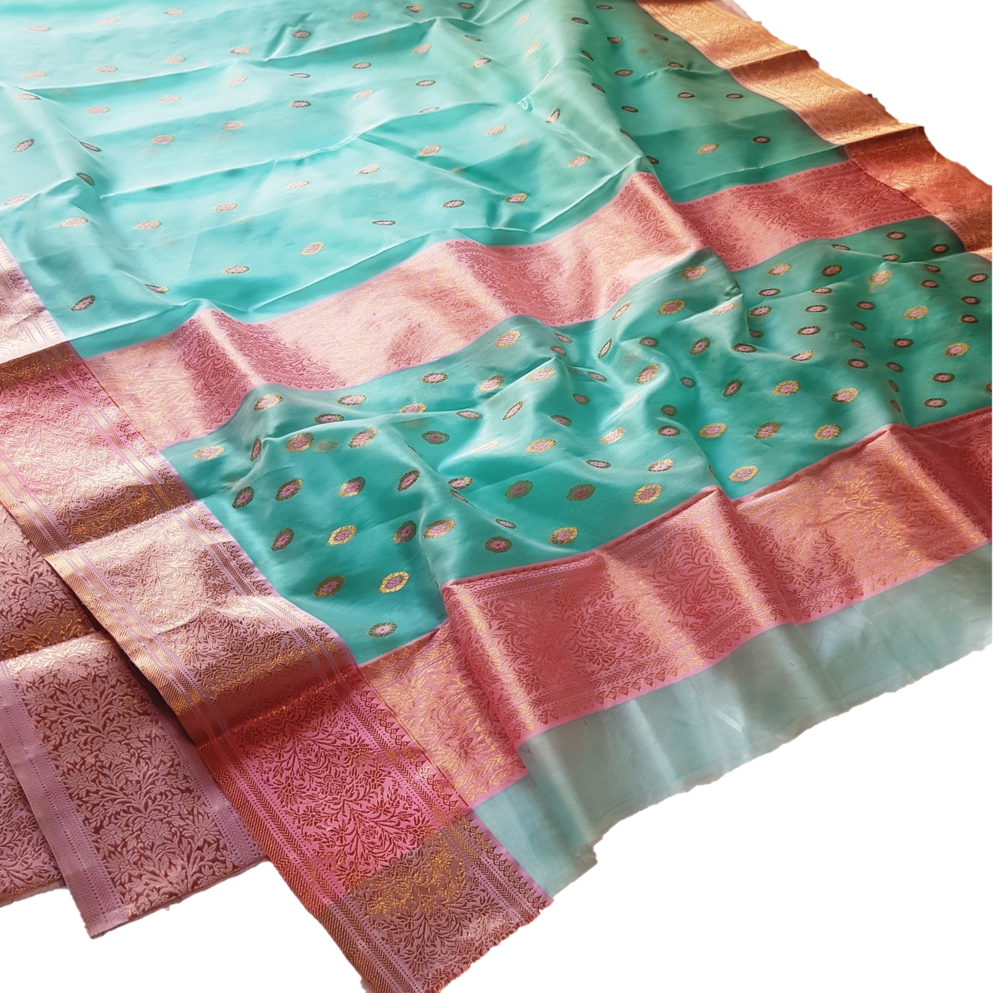 EXPRESSIVE Authentic Premium Chanderi Handwoven Tissue Silk Saree Aqua Green with Pink Border
