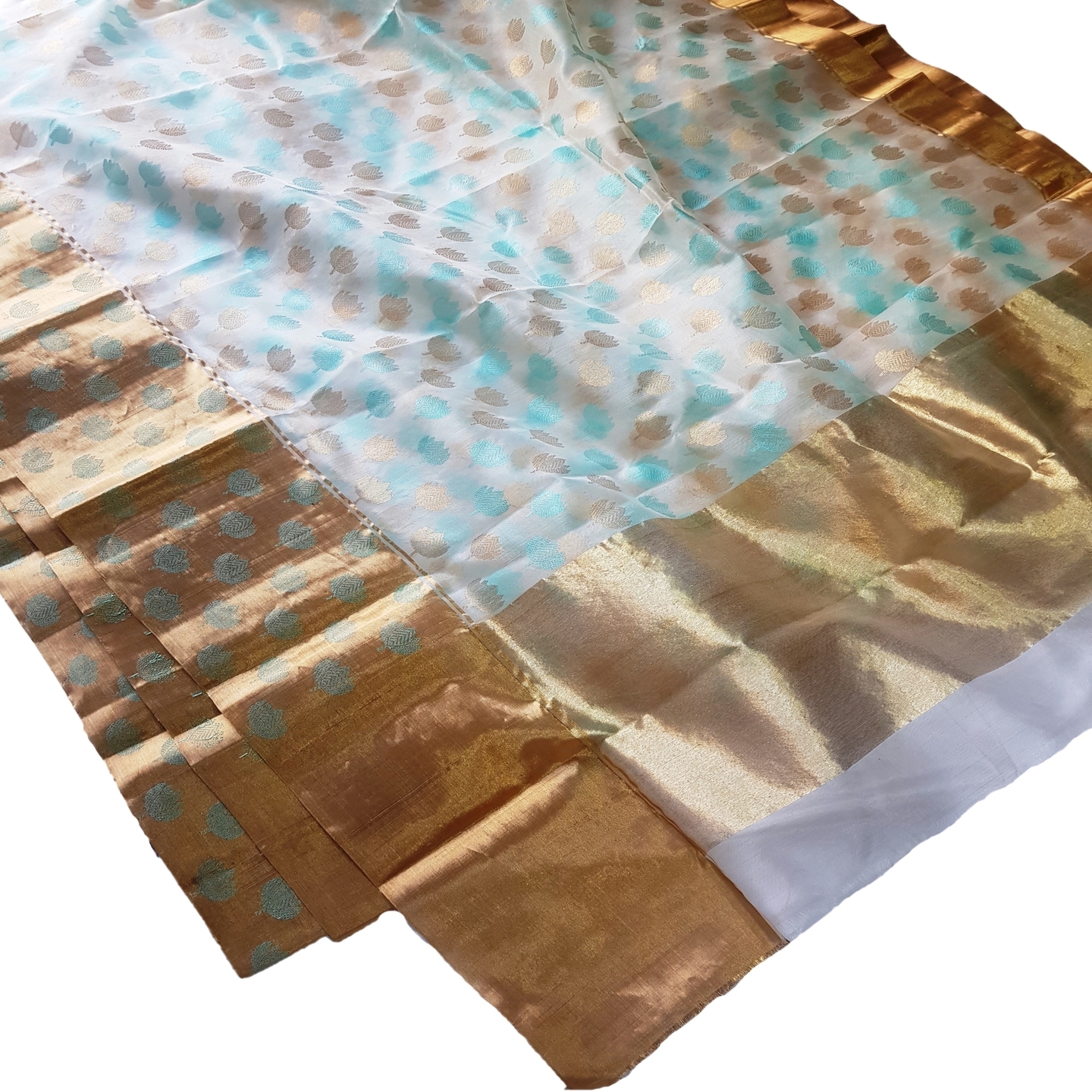 EXPRESSIVE Authentic Premium Chanderi Handwoven Tissue Silk Saree white with golden border