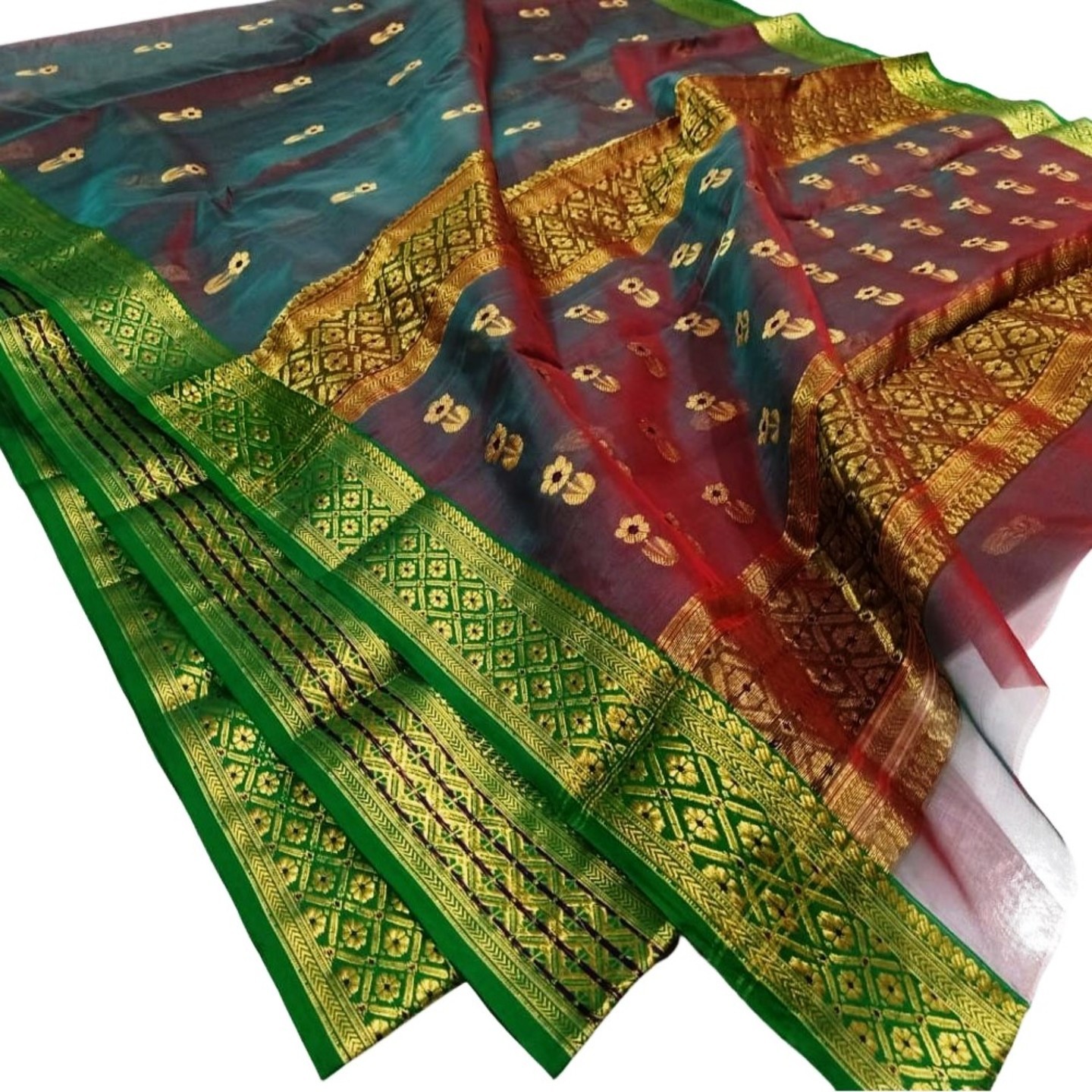 Authentic Premium Chanderi Handwoven Tissue Silk Saree Dual Shade Peacock color
