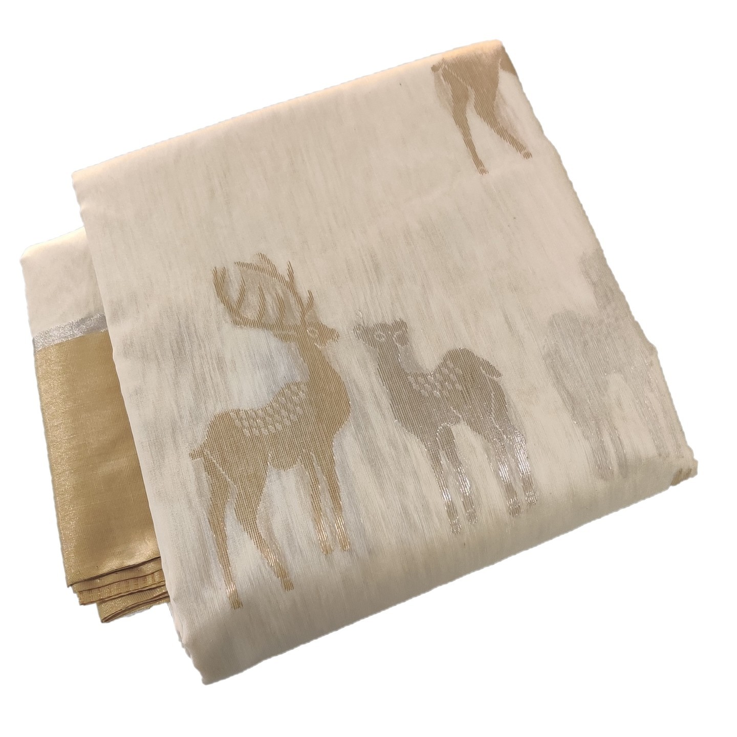 EXPRESSIVE Chanderies Handloom Authentic Premium Handwoven Eknal Silk Saree (Cream with woven Dears)
