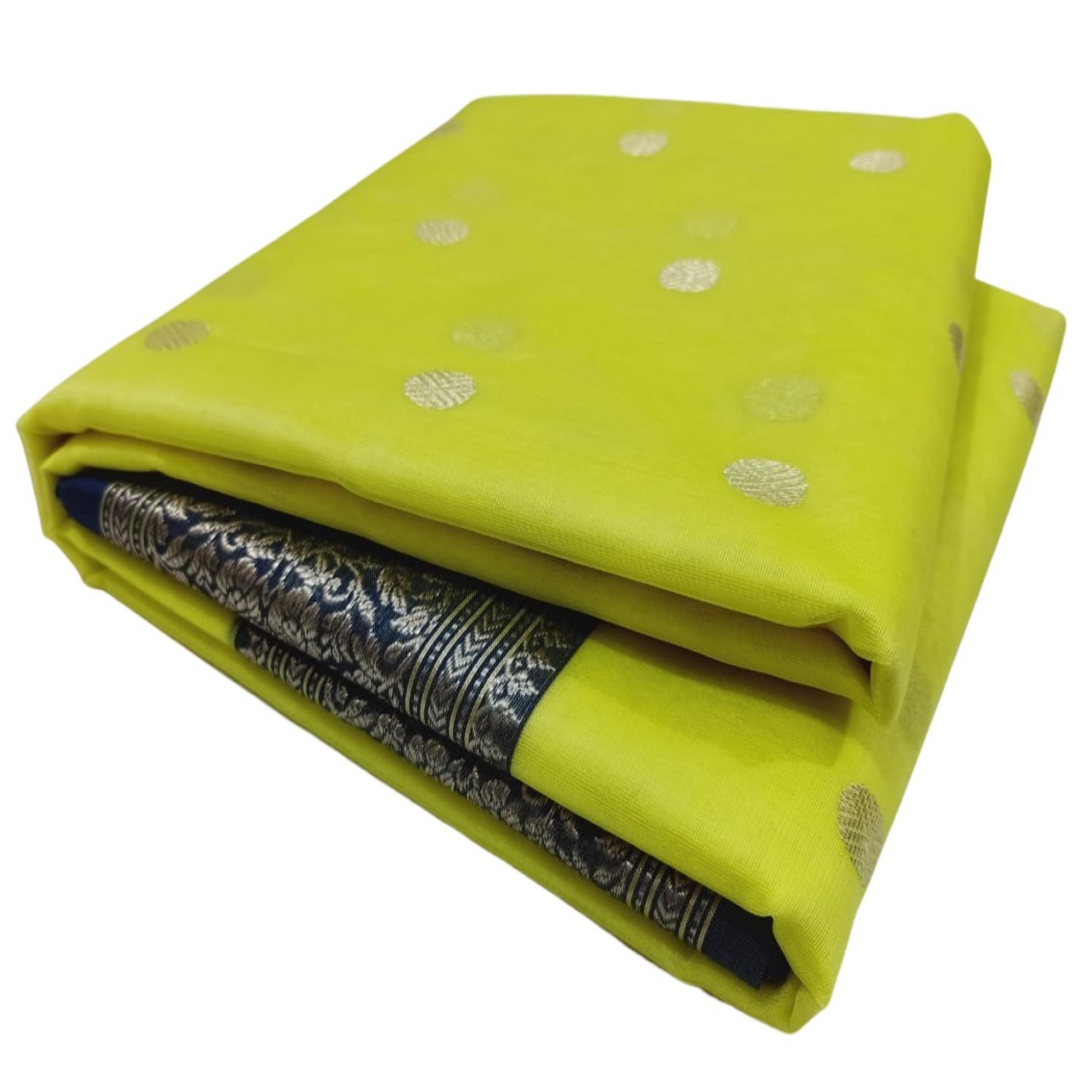 EXPRESSIVE Chanderies Handloom Authentic Premium Handwoven Tissue Silk Saree (Mustered Yellow with Blue Border)
