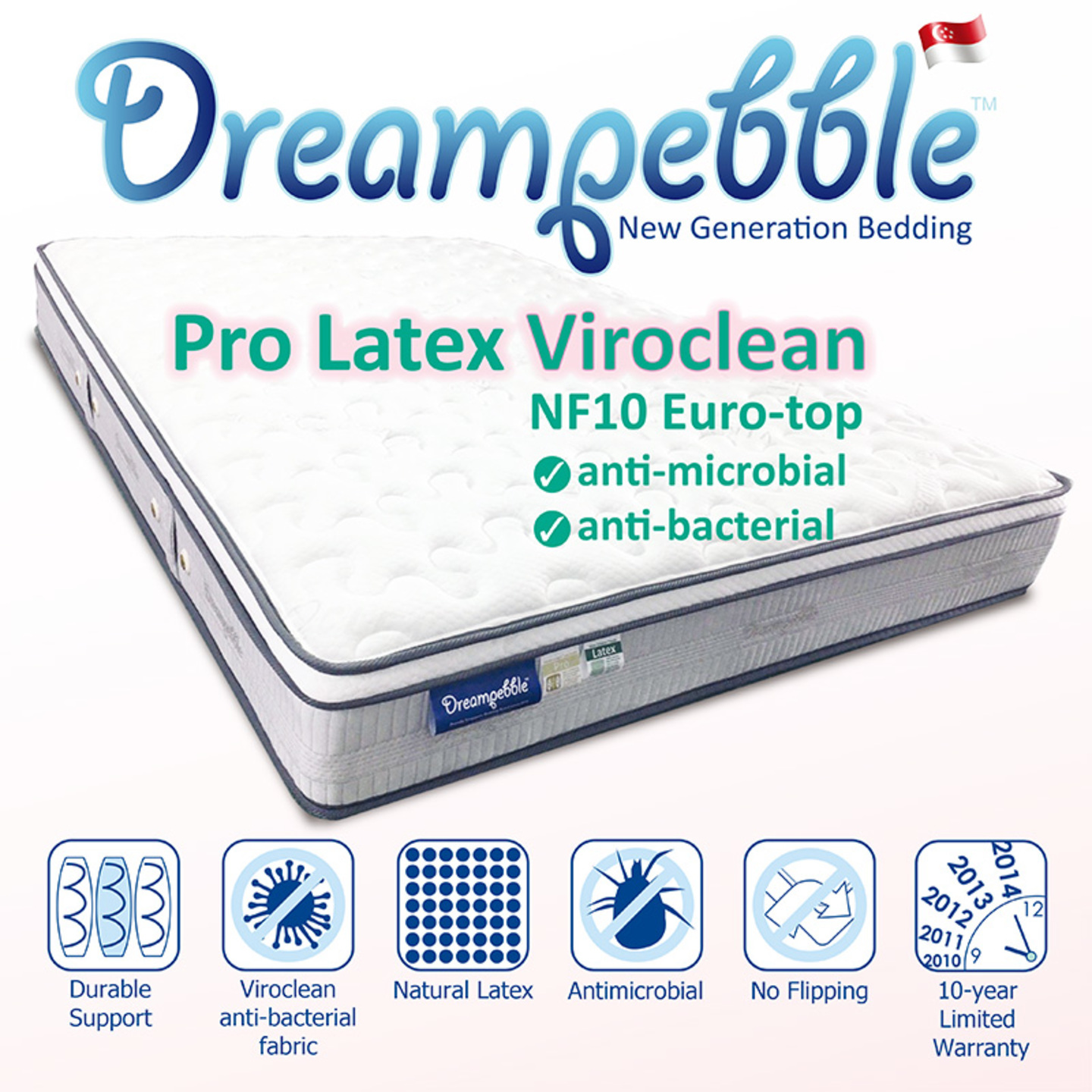 Dreampebble Pro Latex Viroclean Mattress - Available in NF5  NF10 Euro-top - FREE Dreami pillows & 100 Cotton Sateen white Bed Sheet Set in 400TC
