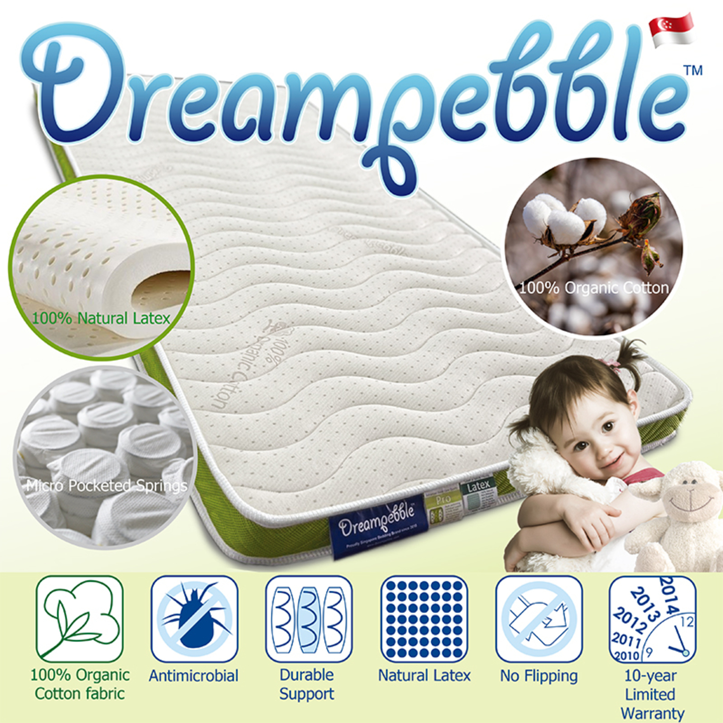 Dreampebble Pro Sensationale NF4 mattress - 100% Organic Cotton Fabric + Natural Latex comfort layer + Micro Pocketed Springs