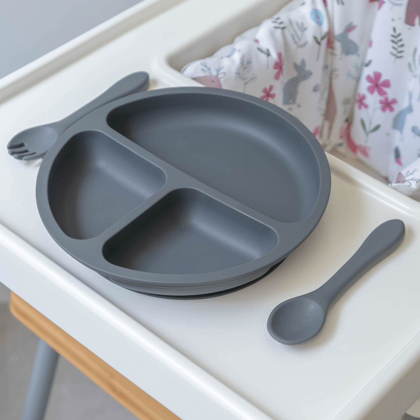 Silicone Suction Plate with Fork & Spoon Set - Charcoal