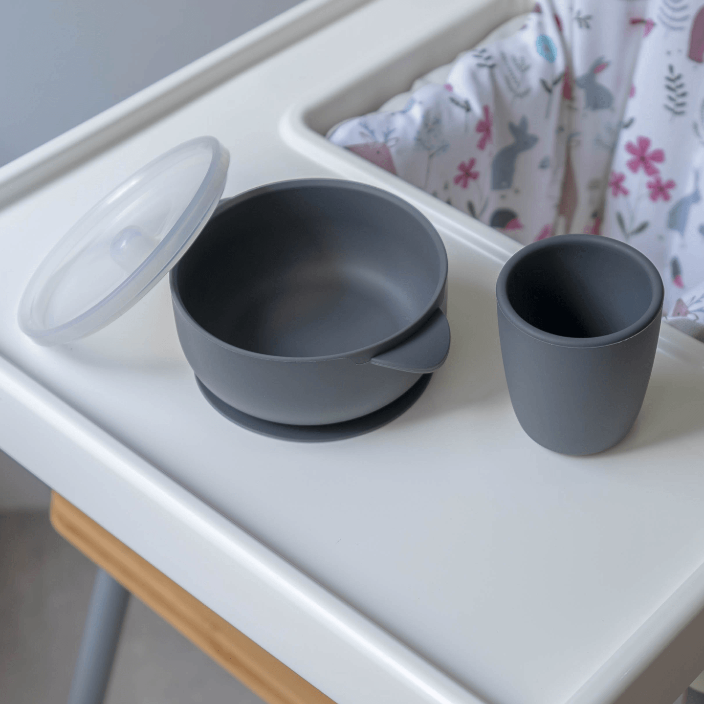 Silicone Suction Bowl with Lid & Cup Set - Charcoal