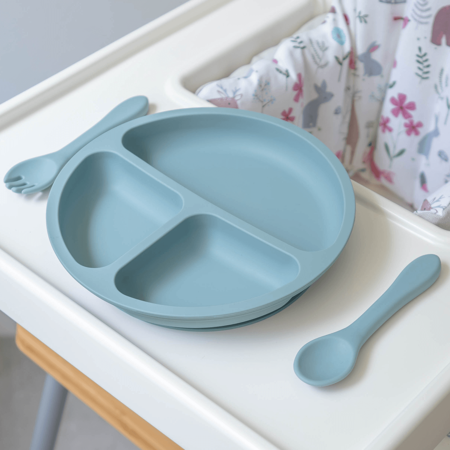 Silicone Suction Plate with Fork & Spoon Set - Ether Blue