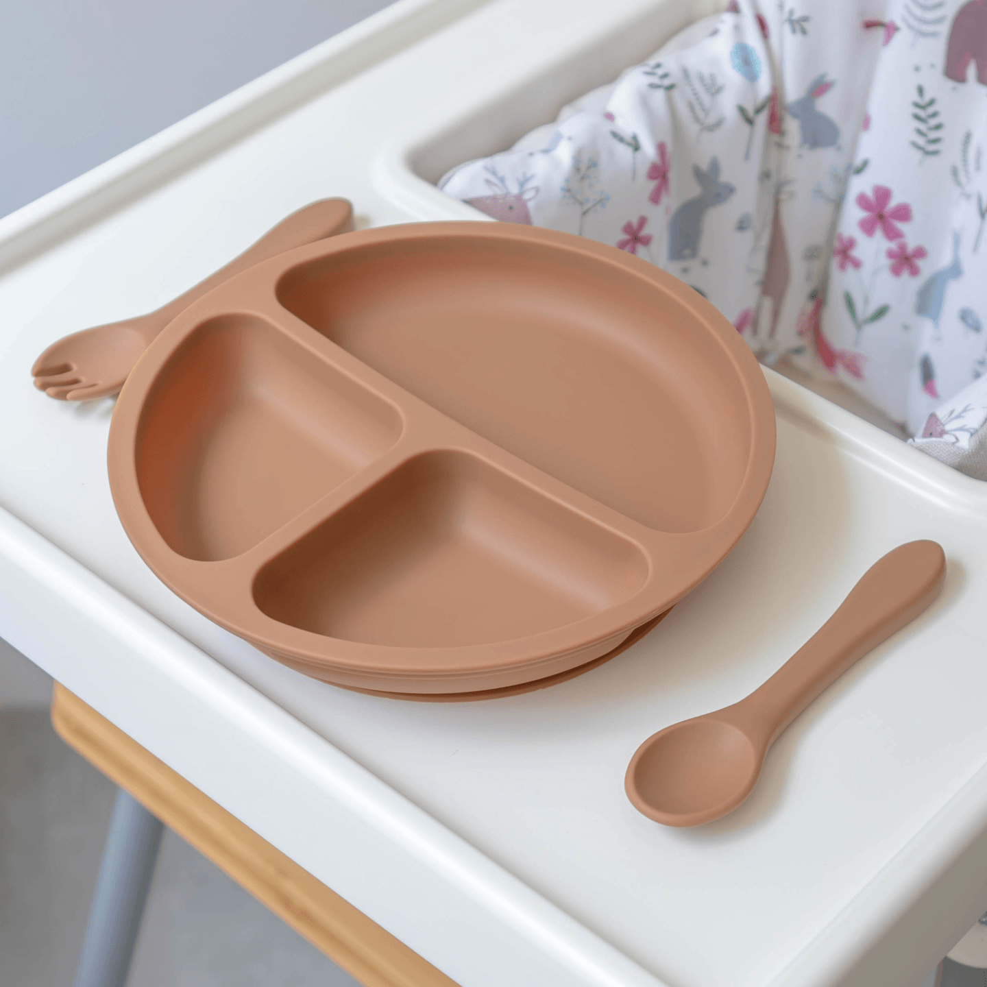 Silicone Suction Plate with Fork & Spoon Set - Clay