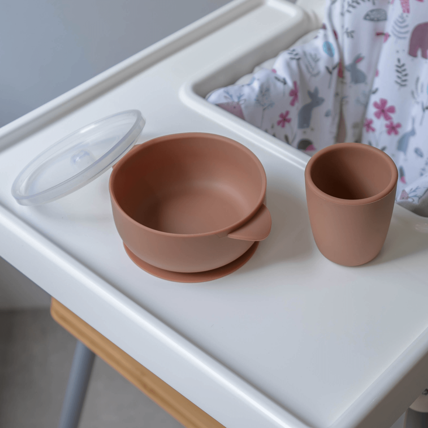 Silicone Suction Bowl with Lid & Cup Set - Clay