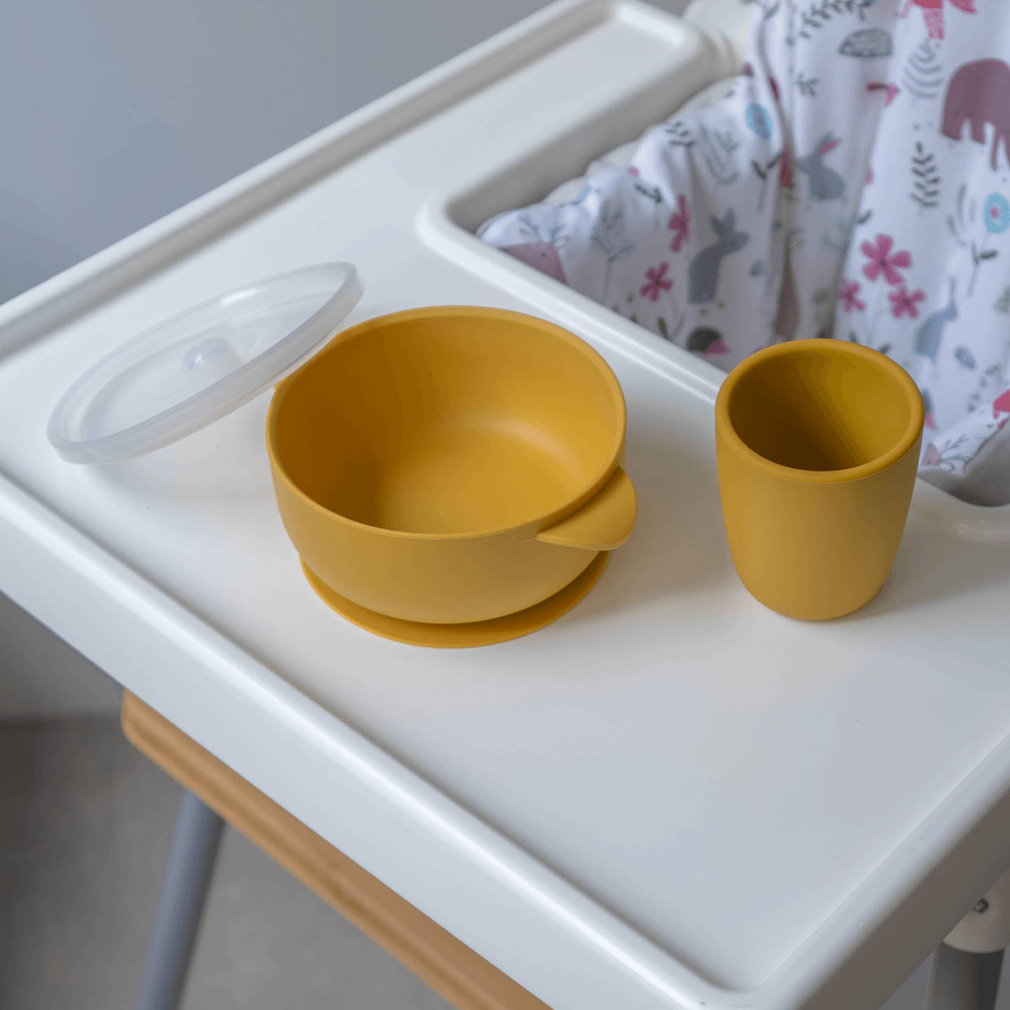 Silicone Suction Bowl with Lid & Cup Set - Mustard