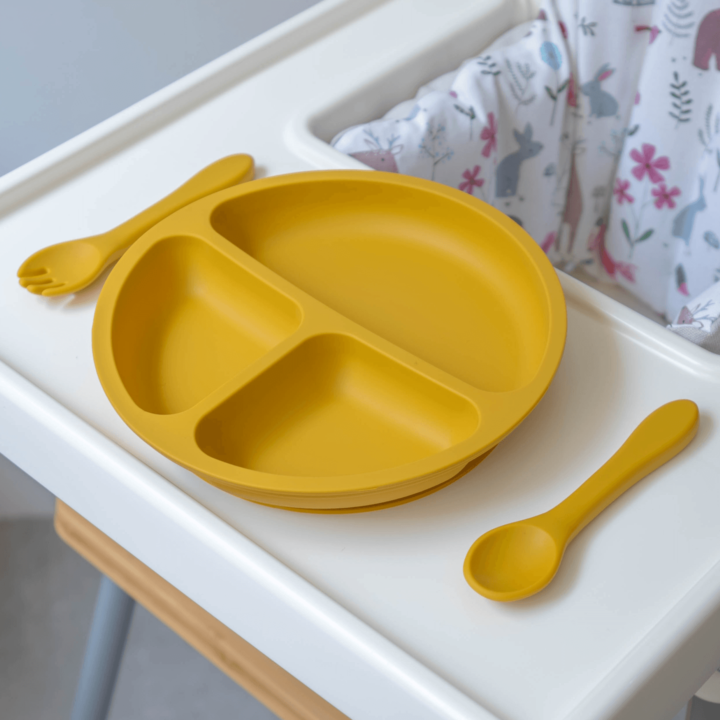 Silicone Suction Plate with Fork & Spoon Set - Mustard