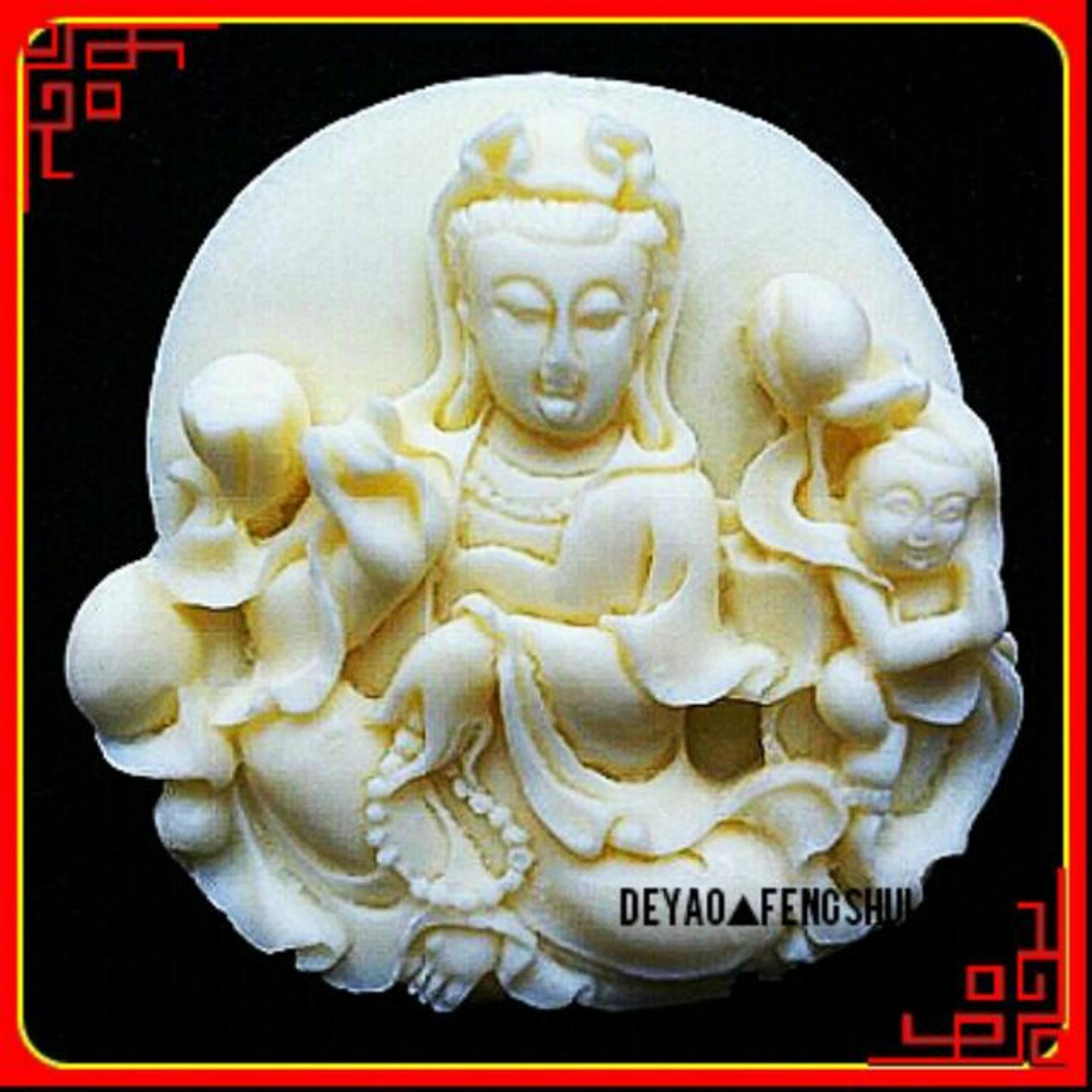 Buddhist Guan Yin High Relief Carved Cow Bone Pendant | 观音菩萨金童玉女