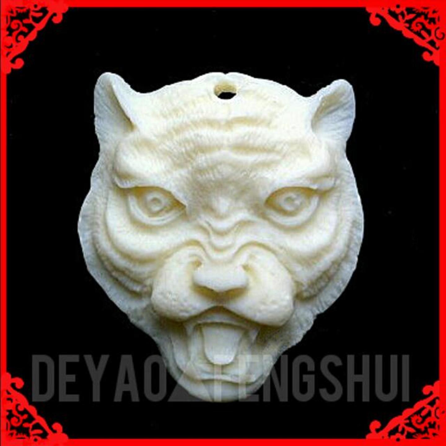 Auspicious High Relief Zodiac Tiger Head Carved Cow Bone Pendant | 生肖虎雕刻牌