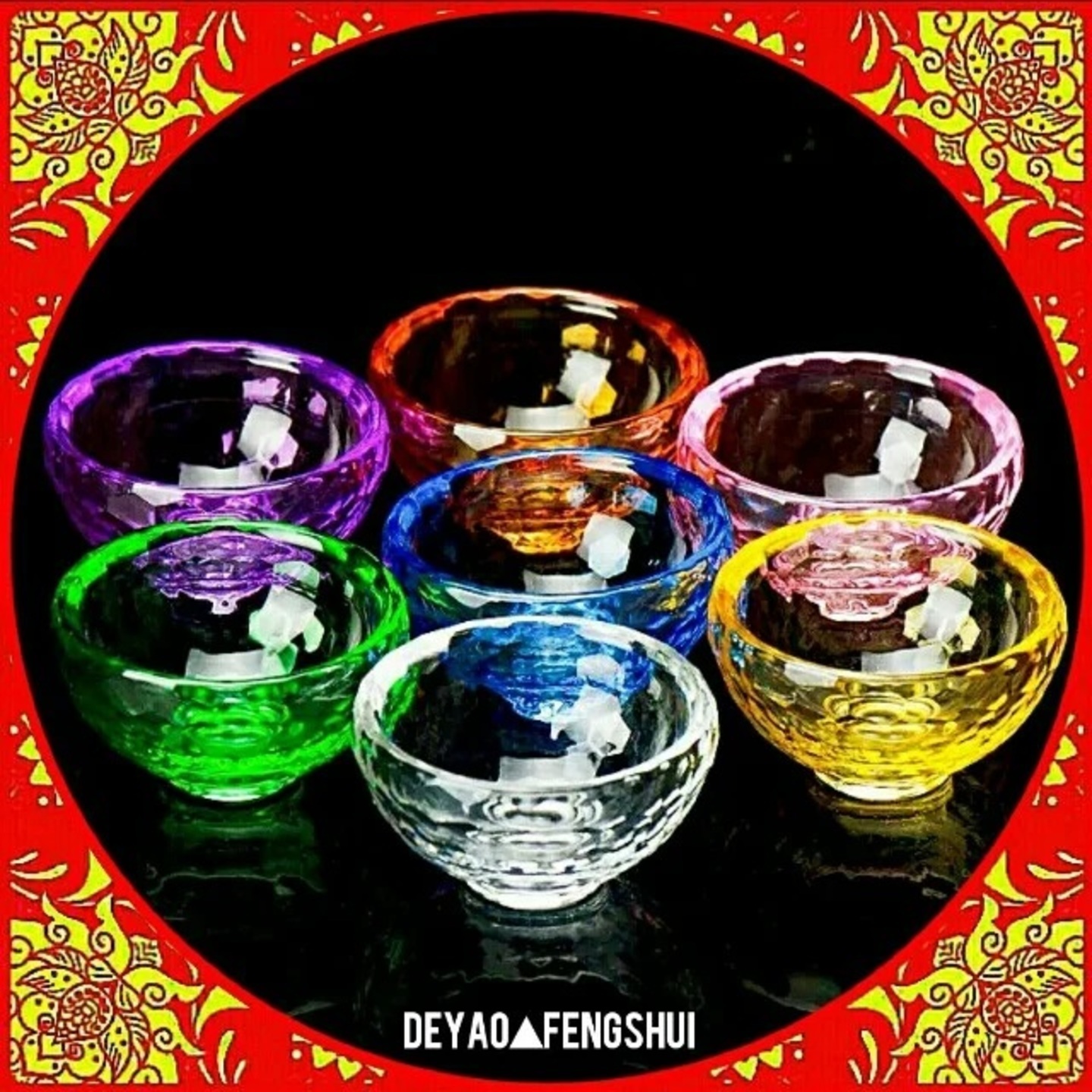 Seven Auspicious Tibetan Offering Colored Glass Cups | 西藏八宝供杯