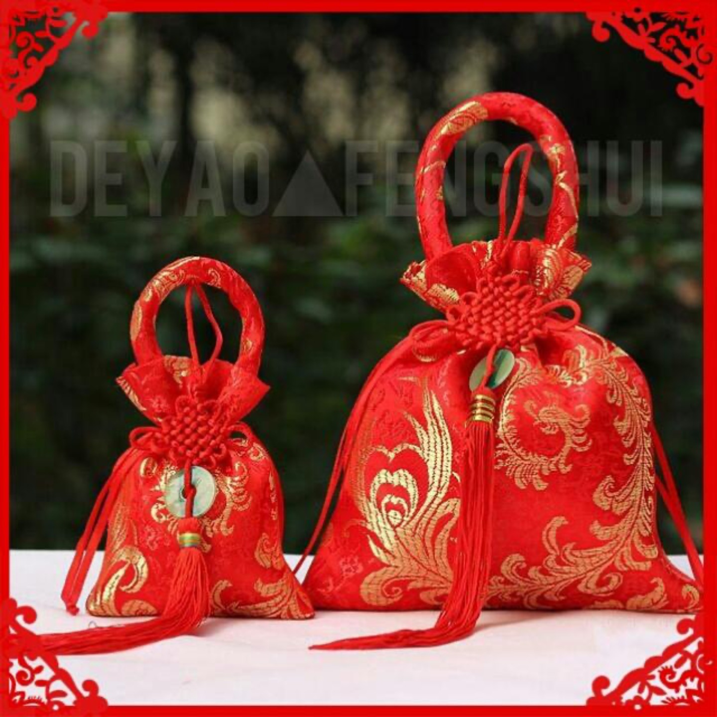 Auspicious Red Tassel Chinese Knot Faux Jade Red/Gold Embroidered Pouch｜红布袋