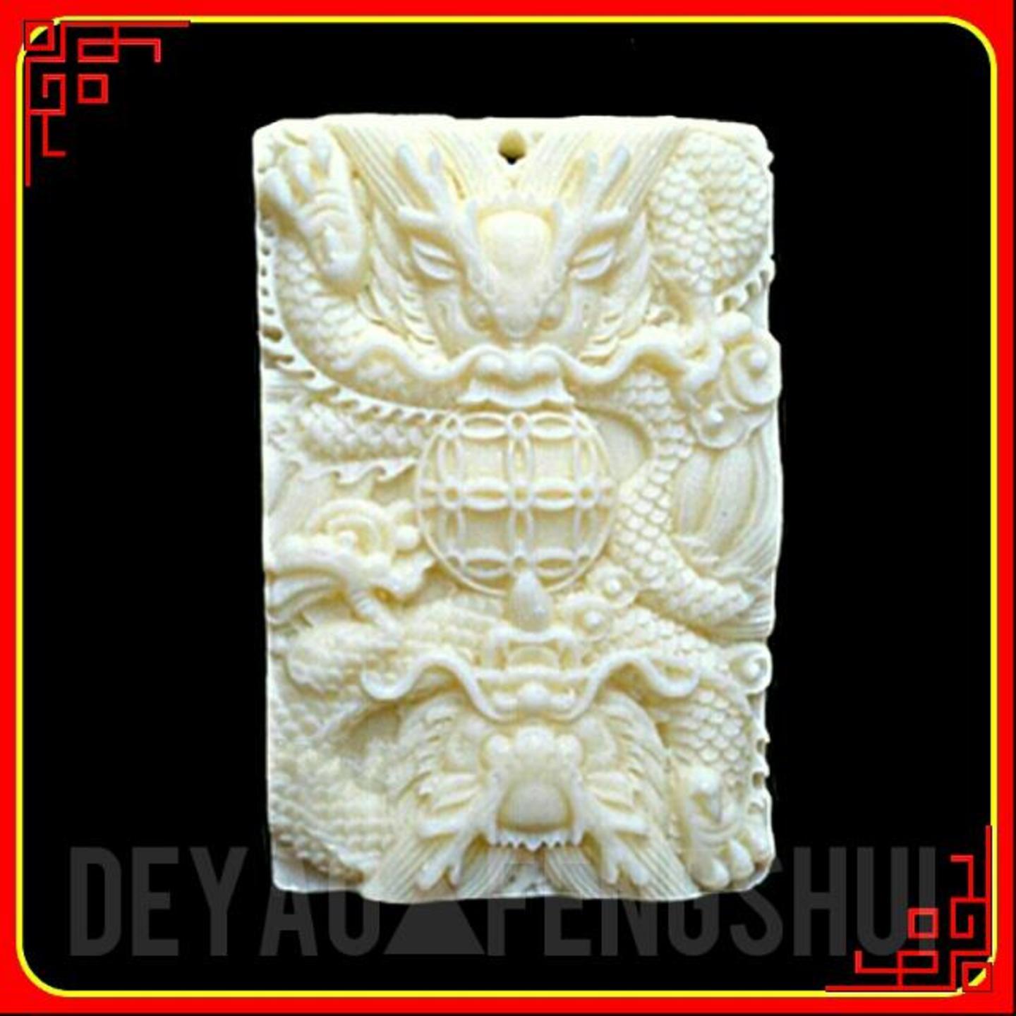 Beautiful High Relief Lucky Double Dragon Carved Cow Bone Pendant | 双龙珠雕刻牛骨牌