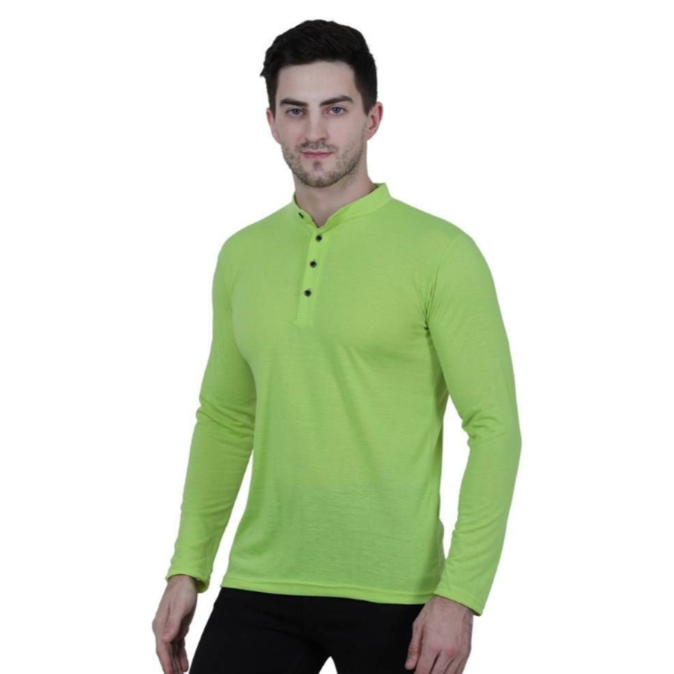 Mens Green Polycotton Solid Henley Tees