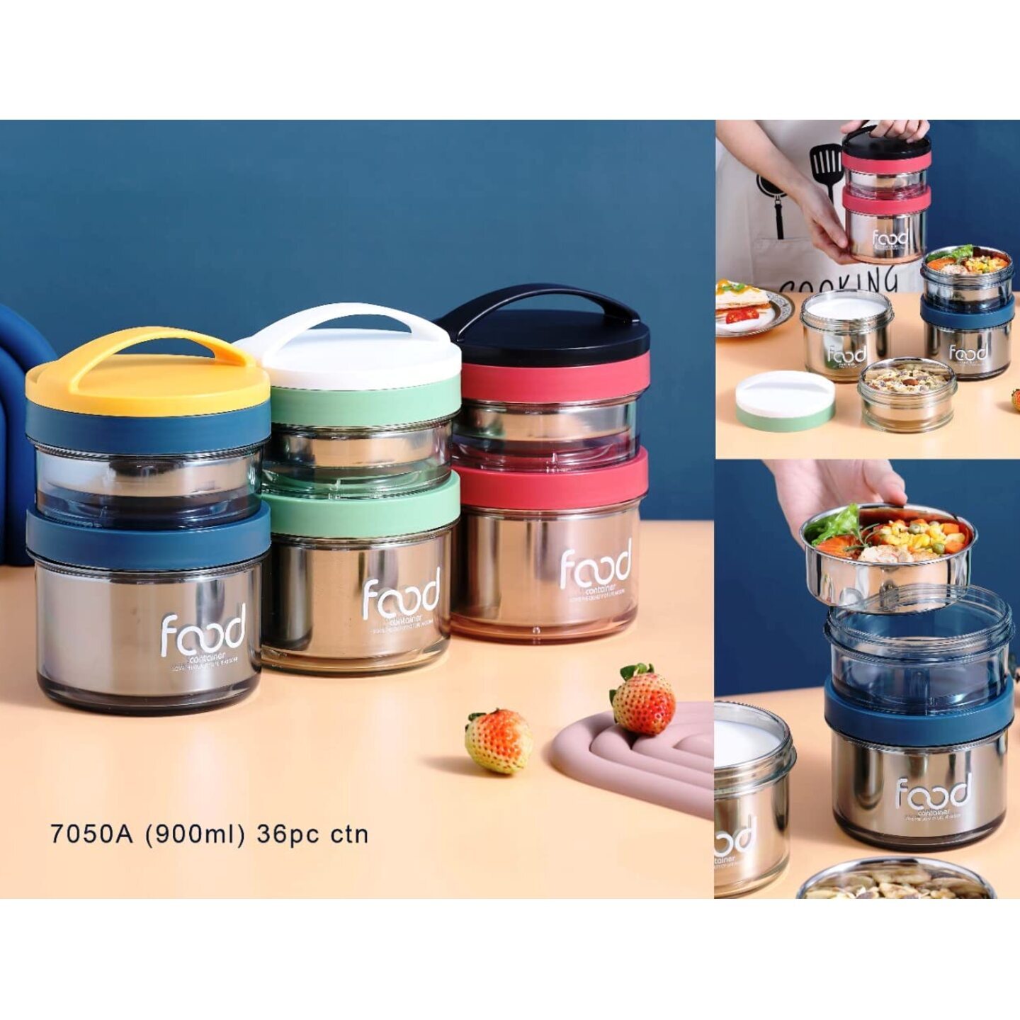 Stainless Steel 2-Container Tall Tiffin Box for Adults and Kids with Leak-Proof Design, 2-in-1 Spoon and Fork, Random Color (900 ml, Thermoware)