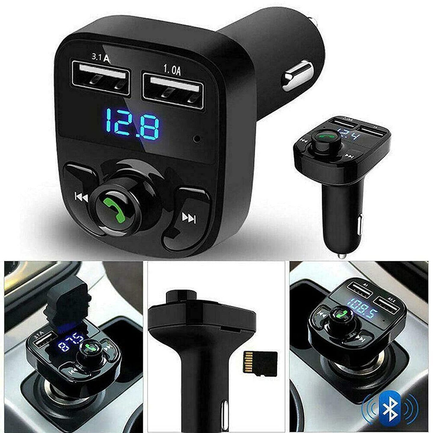 Universal Car Bluetooth- CAR X8 FM Transmitter Car Kit for Hands Free Call Receiver/Stereo Music Player/TF Card/Aux Mobile Connector and USB Mobile Charger for All Smartphones - (Black)