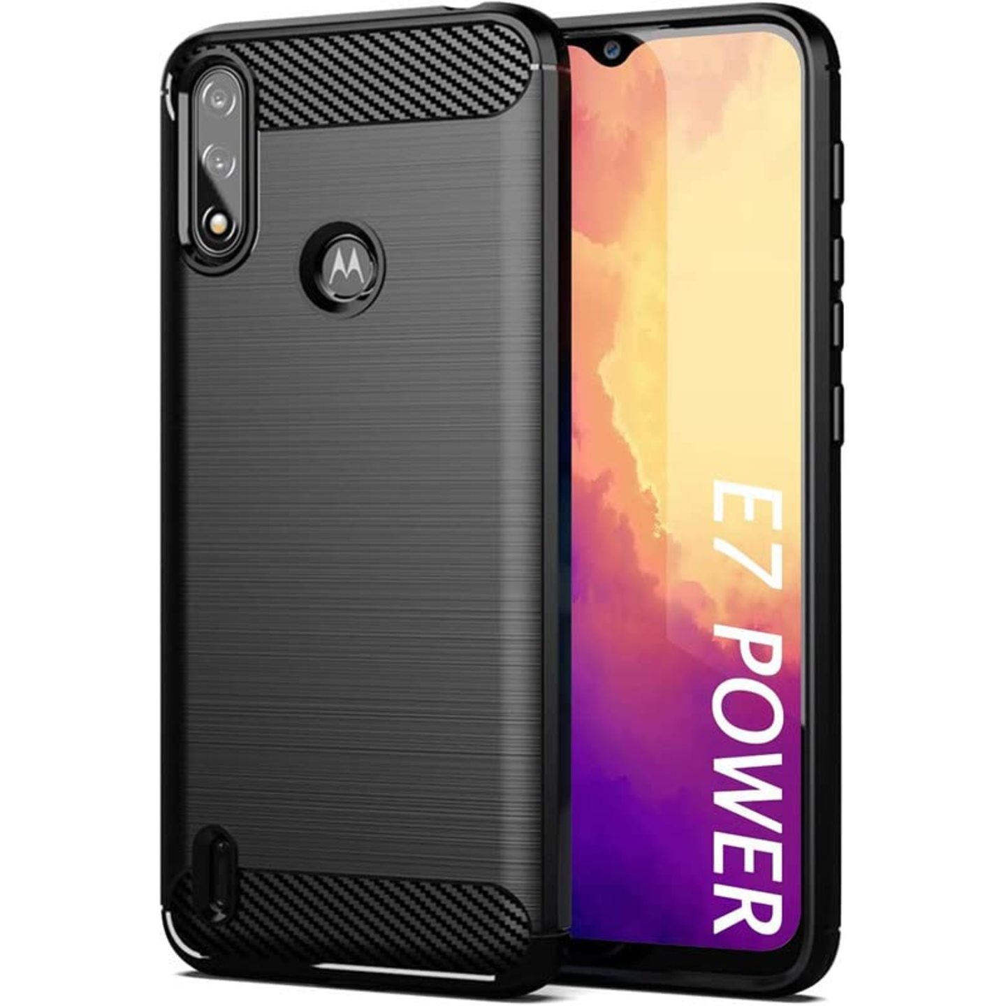 Faircost for Moto E7 POWER Hybrid Carbon Fiber Texture Design Back Cover Anti-Scratch Shock Absorption Case Black