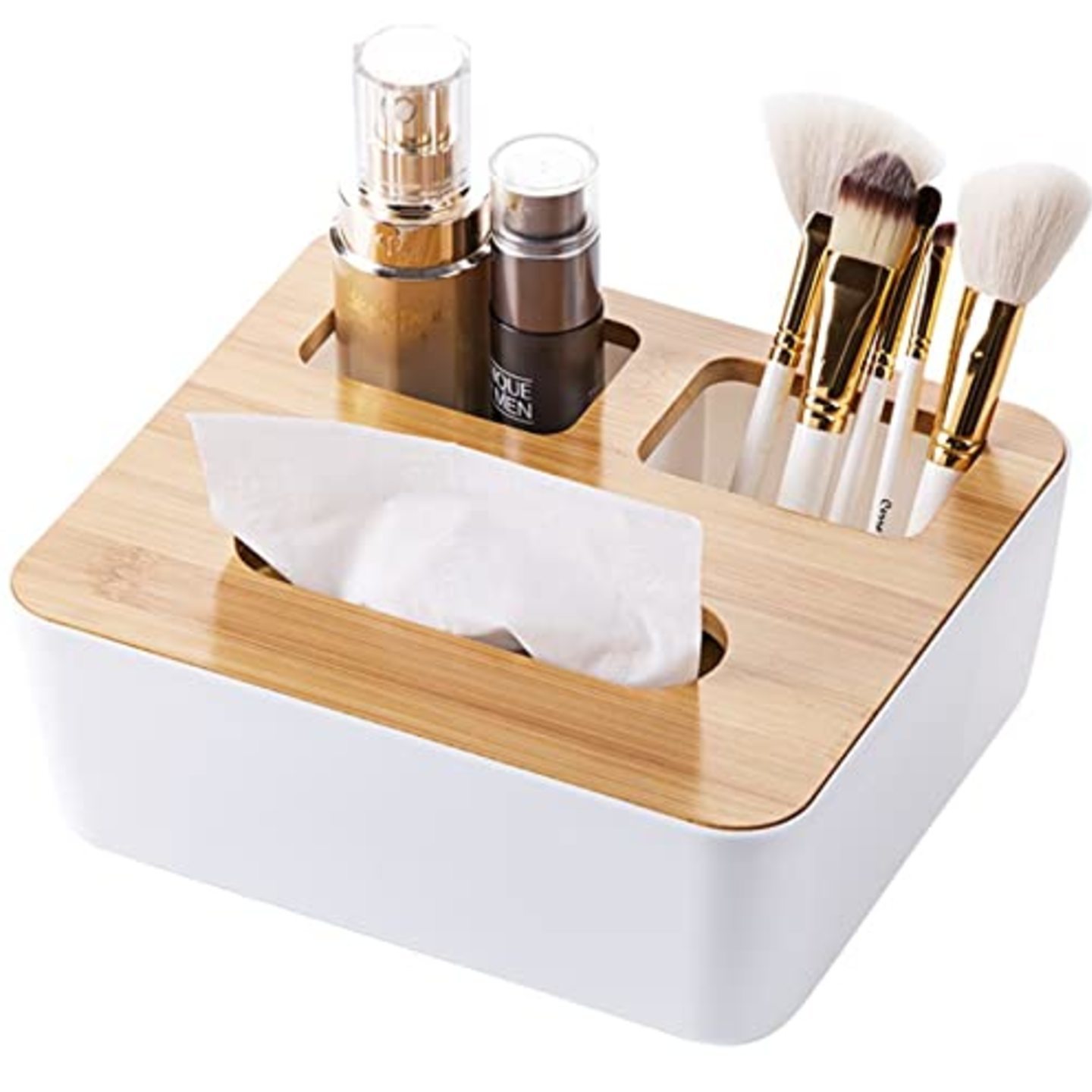 Tissue Storage Box with Compartment Remote Control Holder Desk Organizer | Tissue Holder with Bamboo Lid