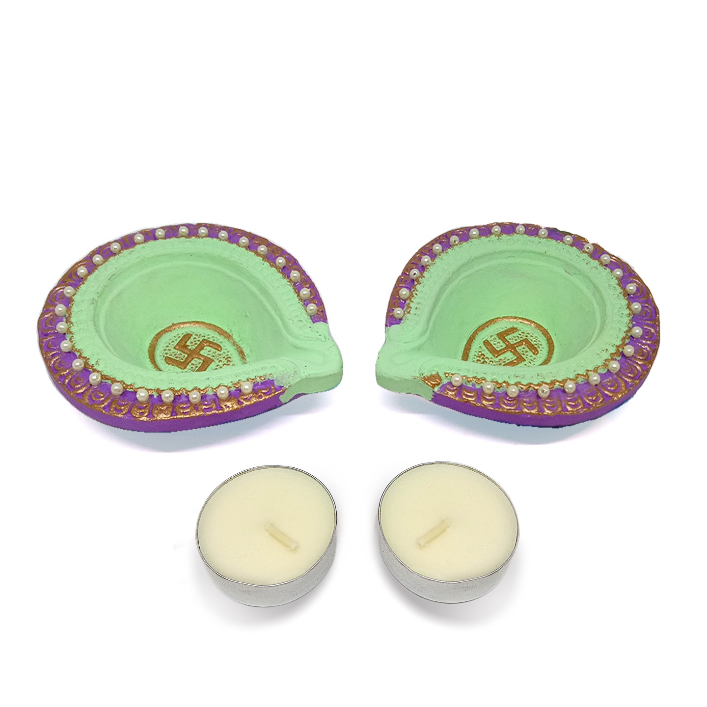 Light green  Purple pearl diya set