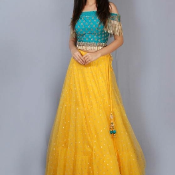 Yellow and Teal Embroidered Lehenga 

XXX009817317N